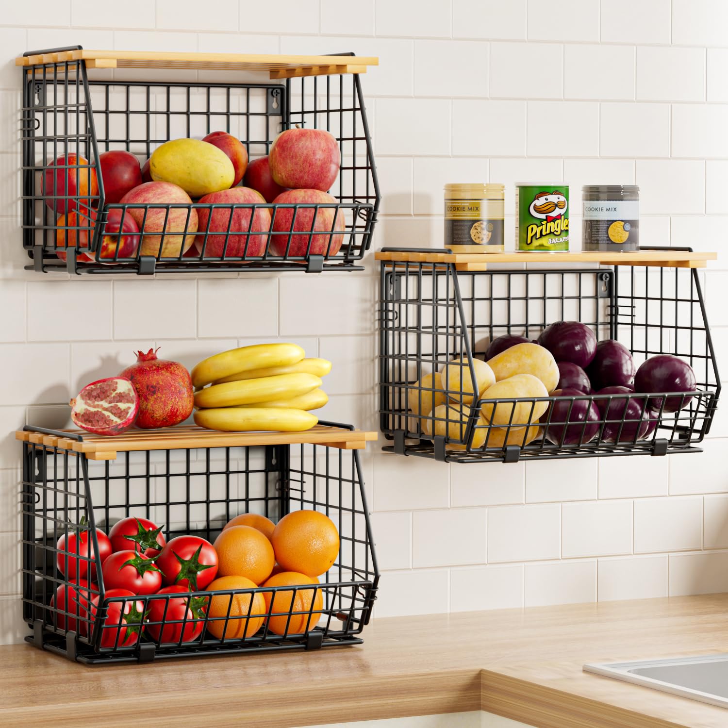 Wire Fruit Basket for Kitchen Storage - Hanging & Stackable Counter Basket for Vegetables, Potatoes, Onions | 3-Pack Pantry Organizer for Fresh Produce Storage