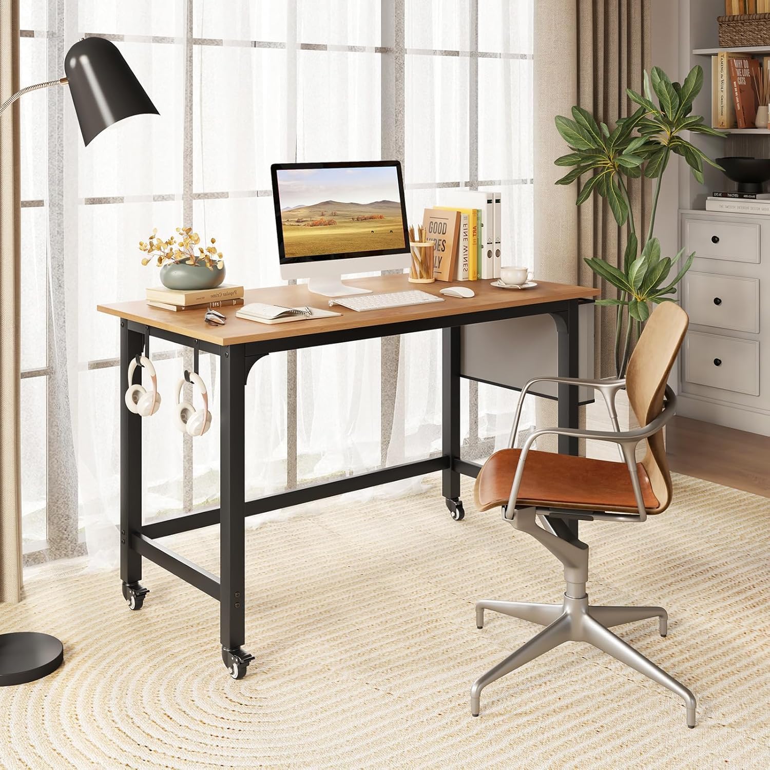 GRAFFY Mobile Computer Writing Desk with Wheels - Adjustable Rolling Home Office Desk, Sturdy Steel Frame & Smooth Casters, Multipurpose Workstation for Small Spaces (Home, Office, Dorm) - Natural Wood Finish