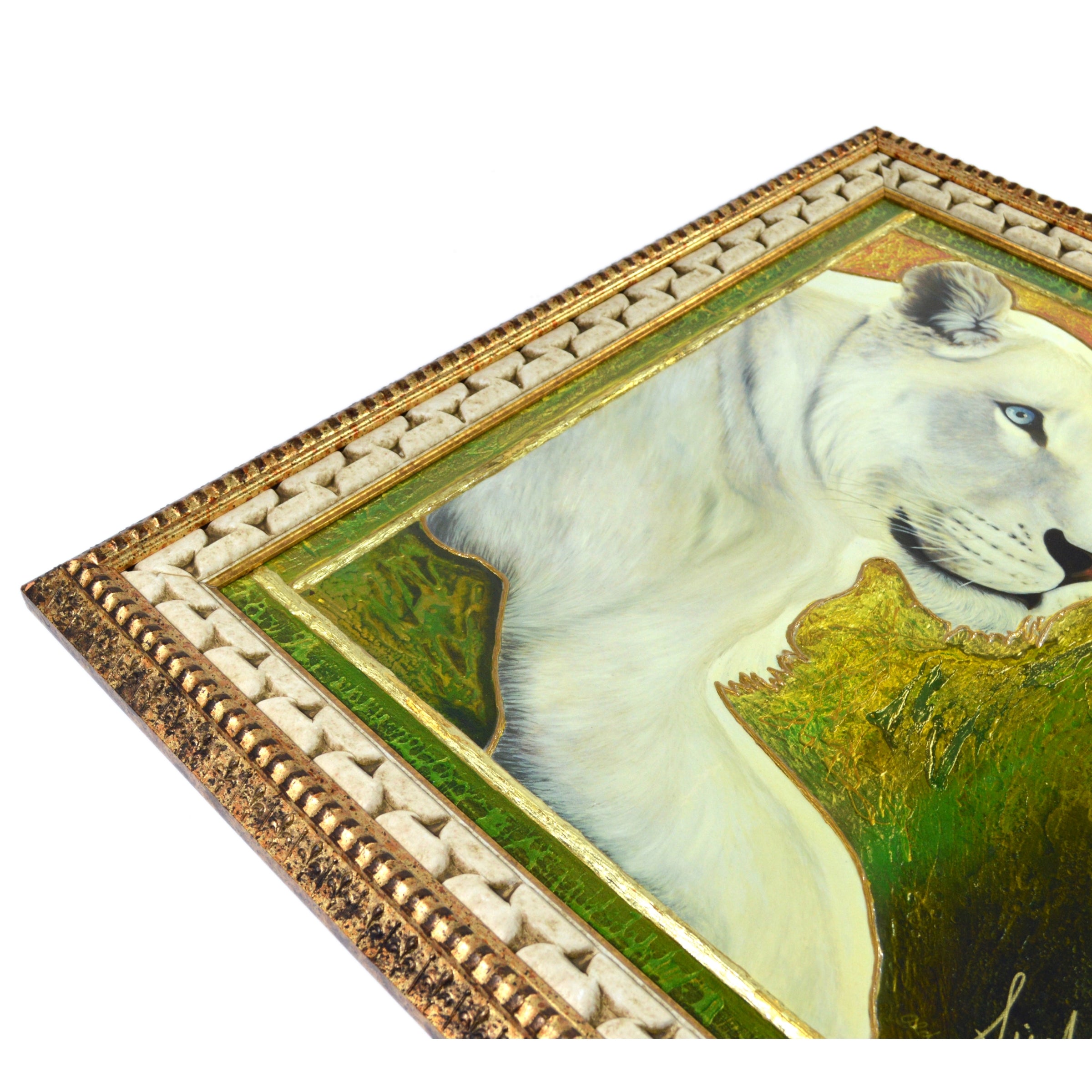 Original Juergen Aldag Mixed Media Painting - Sarmoti White Lion - Rare Artwork for Home & Office Decor