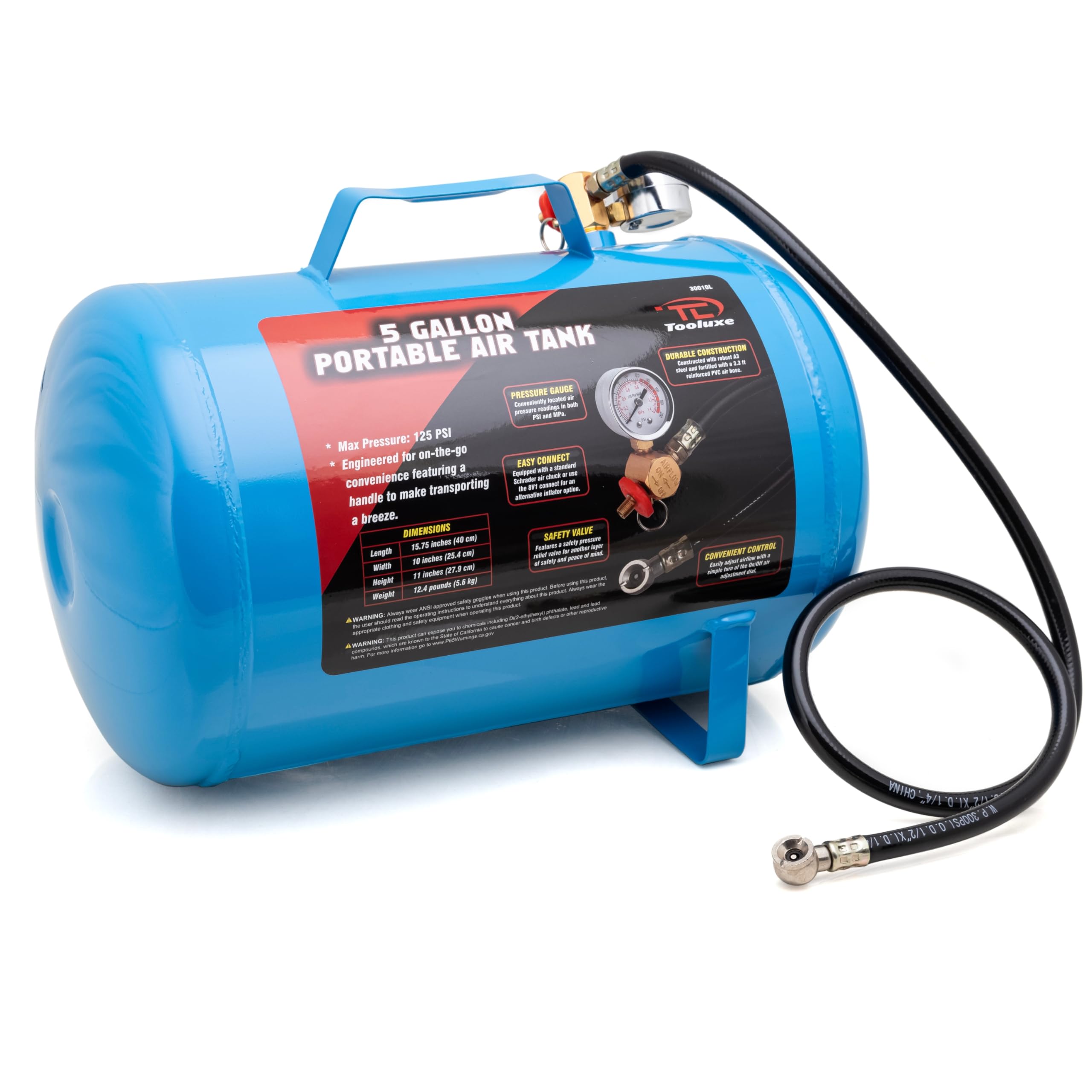 5 Gallon (30010L) Portable Air Tank with 125 PSI Max Pressure - Horizontal Air Compressor Tank with 1/4