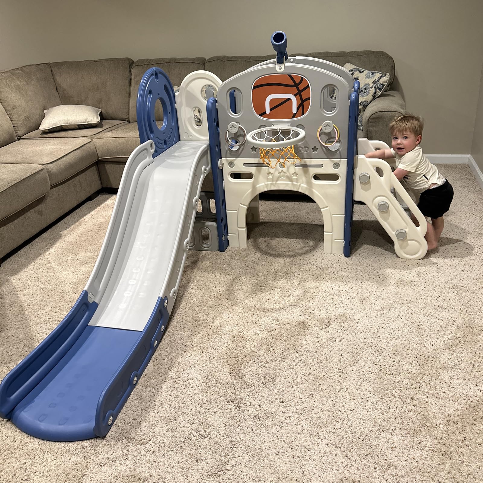 XJD 8-in-1 Toddler Slide and Climber Playset with Basketball Hoop - Indoor & Outdoor Playground for Kids Ages 1-3 Years - Perfect for Backyard, Playroom, Daycare and Preschool (Blue Grey)