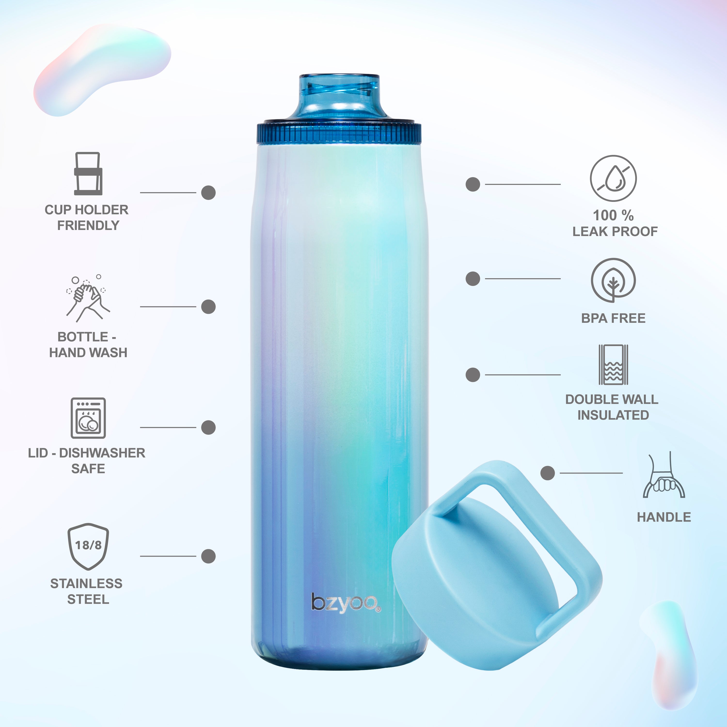 24oz Insulated Stainless Steel Water Bottle with Leakproof Clear Chug Lid - Aurora Iridescent Blue - Perfect for Gym, Hiking & Outdoor Activities