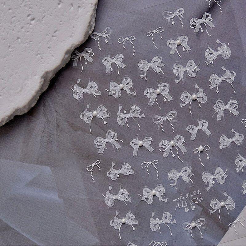 3D White Lace Bowknot Nail Stickers with Rhinestones - T355 #01 for Manicure, Nail Art, and Special Occasions