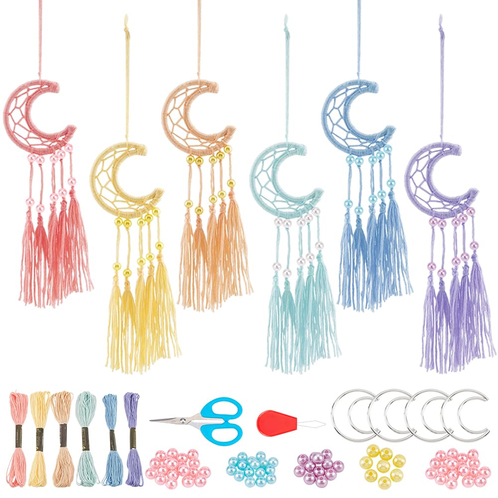 INFUNLY 6-Piece DIY Dream Catcher Kit - Handmade Moon Keychains for Bags, Pendants, Car Mirrors & Backpack Charms | Boho Home Decor, Gift for Women & Teens | Perfect for Bedroom, Car, Purse & Dorm Room Decor
