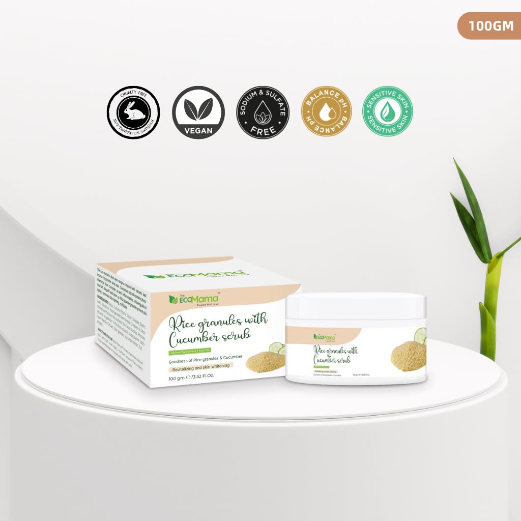Eco Mama Rice Granules & Cucumber Face Scrub - 100g Vegan Skincare for Exfoliating, Nourishing & Revitalizing Dull Skin | Perfect for Daily Gentle Exfoliation & Post-Workout Skin Refresh