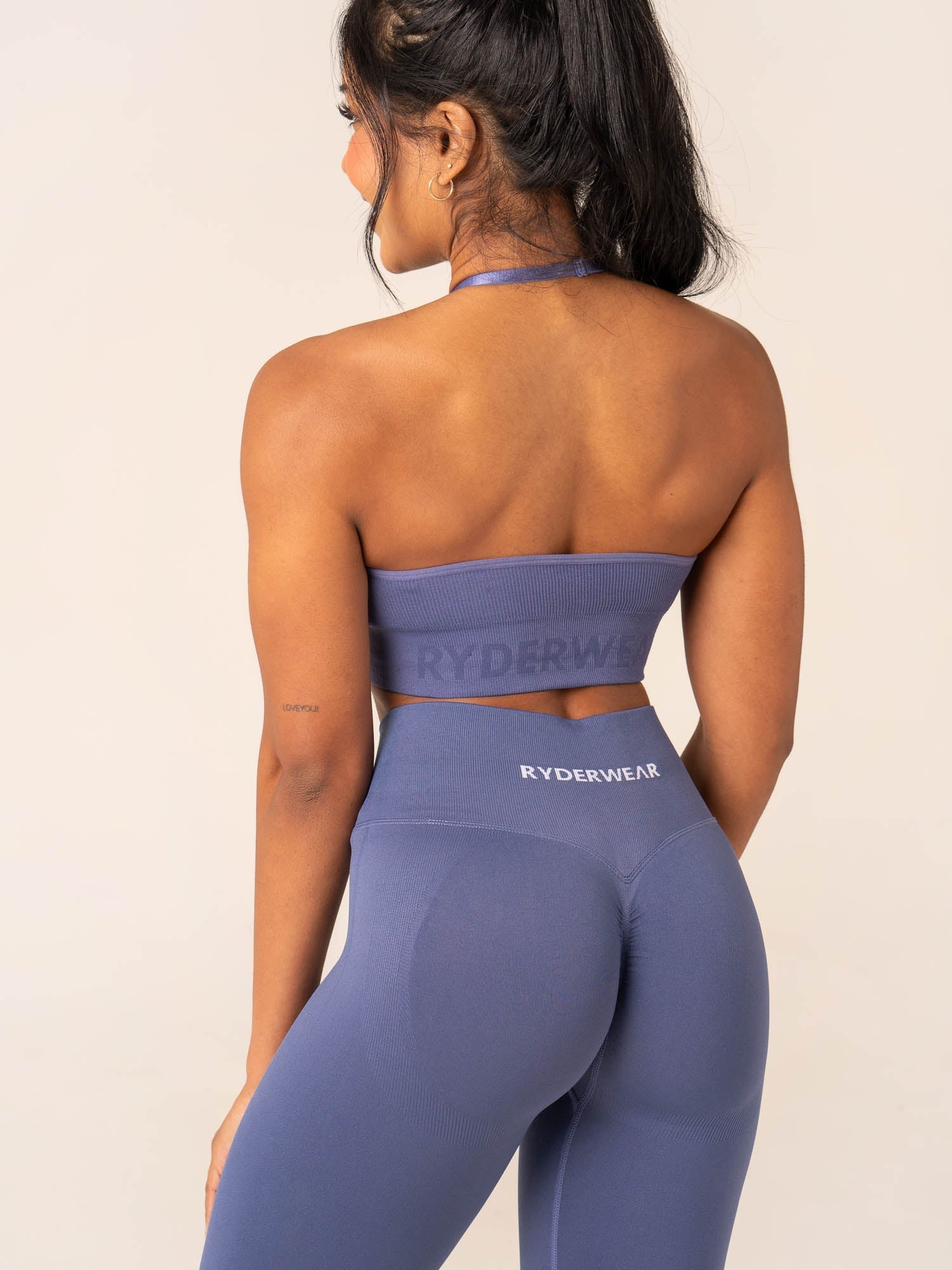 Lift Rib Seamless Halter Sports Bra for Women - Denim Blue - High Support Workout Top for Yoga, Running & Gym