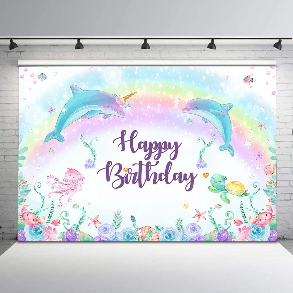 Under The Sea Backdrop for Girls - 7x5ft Purple Floral Glitter Bubble Rainbow Dolphin Vinyl Background | Perfect for Birthday Parties, Baby Showers & Underwater Themed Events