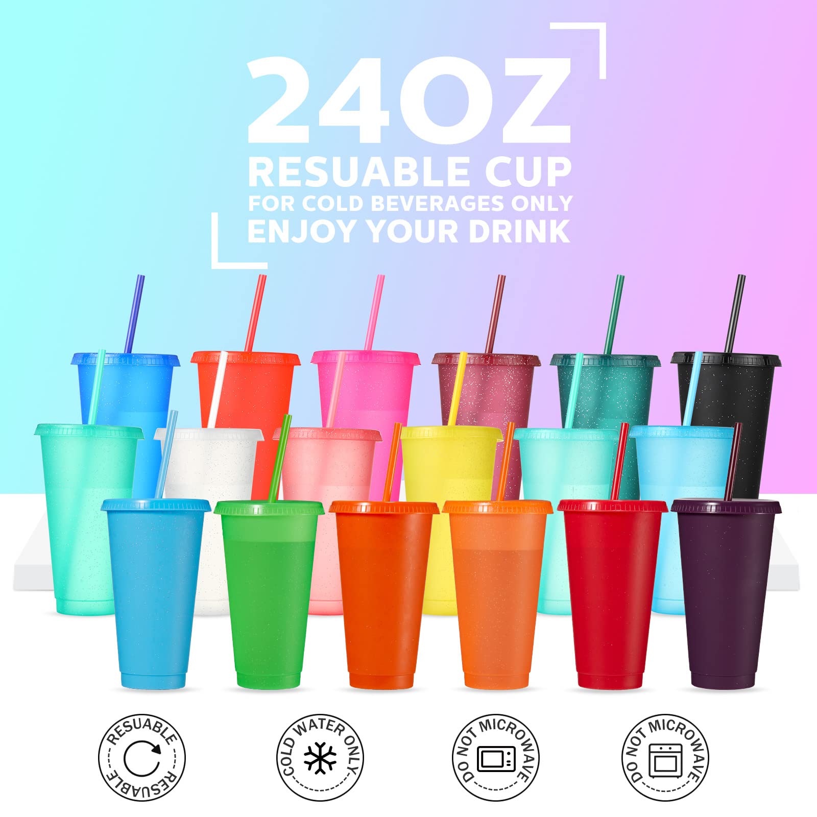18-Pack 24oz Reusable Plastic Tumbler Cups with Lids & Straws - Glitter Vivid Color Travel Mugs for Iced Coffee, Water & Beverages - Perfect for Office, Gym, Beach & Outdoor Activities