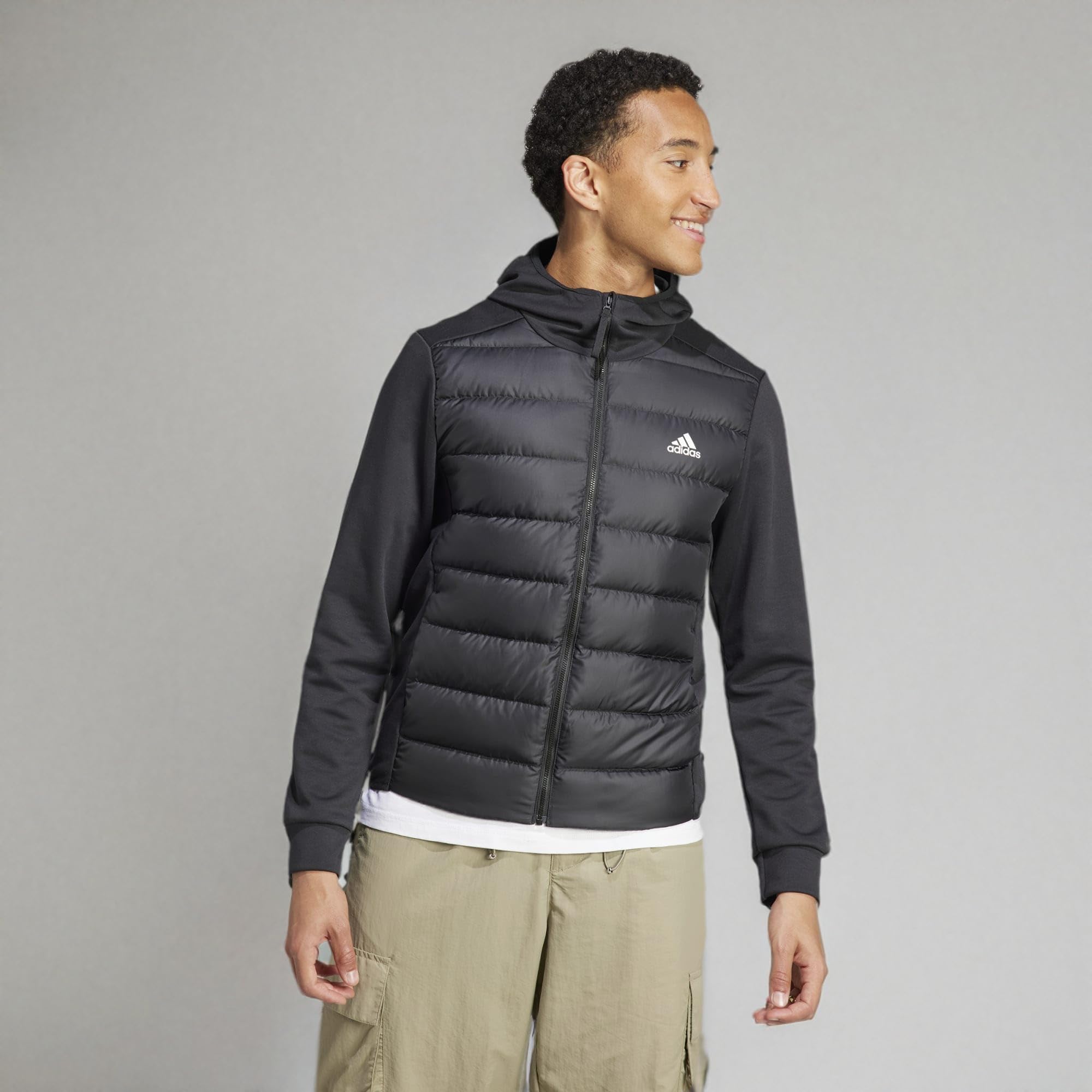 adidas Men's Essentials Hybrid Down Hooded Jacket - Lightweight Warm Winter Coat for Running, Hiking & Outdoor Activities