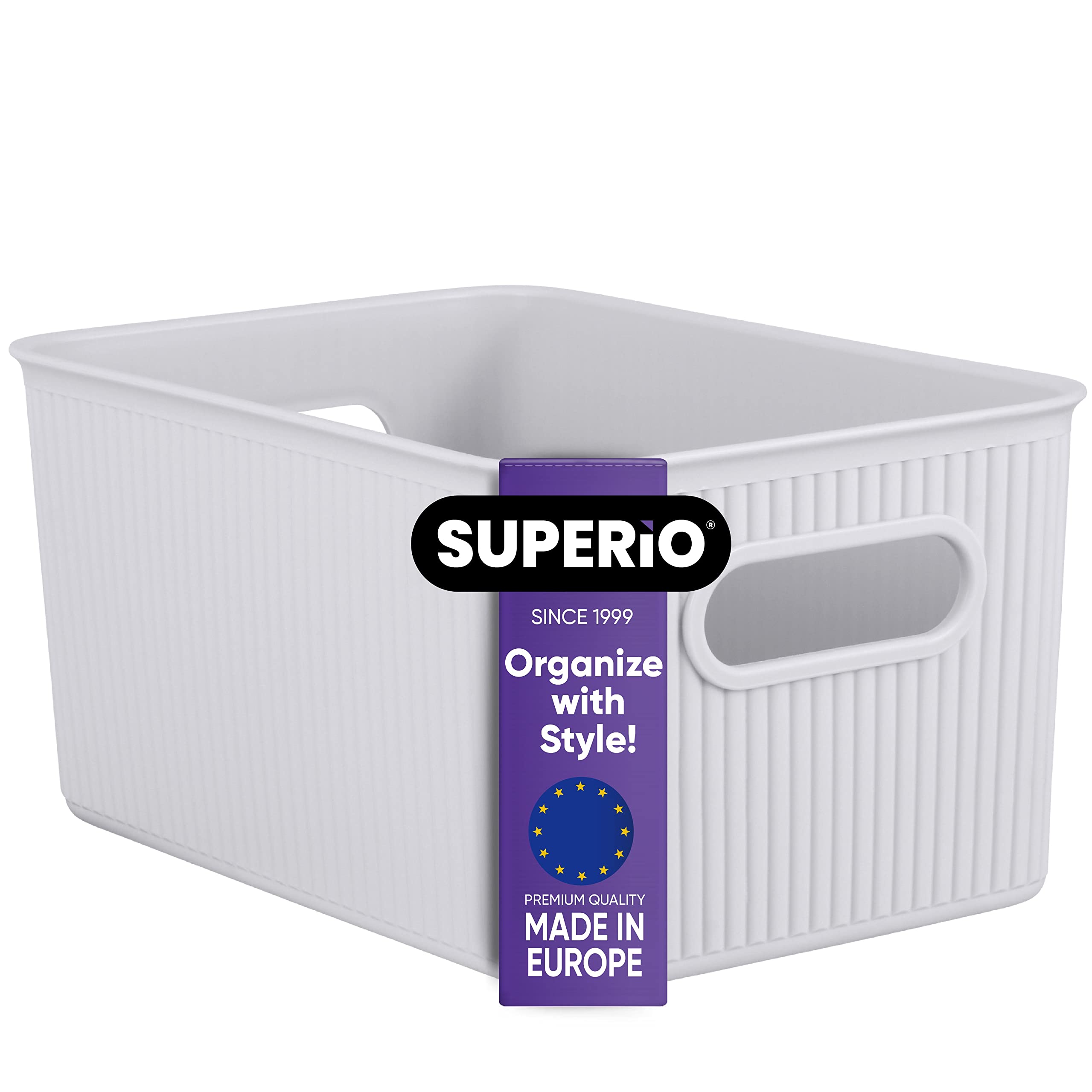 Superio Ribbed Collection - Decorative Plastic Open Storage Bins & Organizer Baskets, Medium White Smoke (1 Pack) - 5L Closet, Shelf & Drawer Organizer Boxes for Home, Office & Nursery Storage Solutions