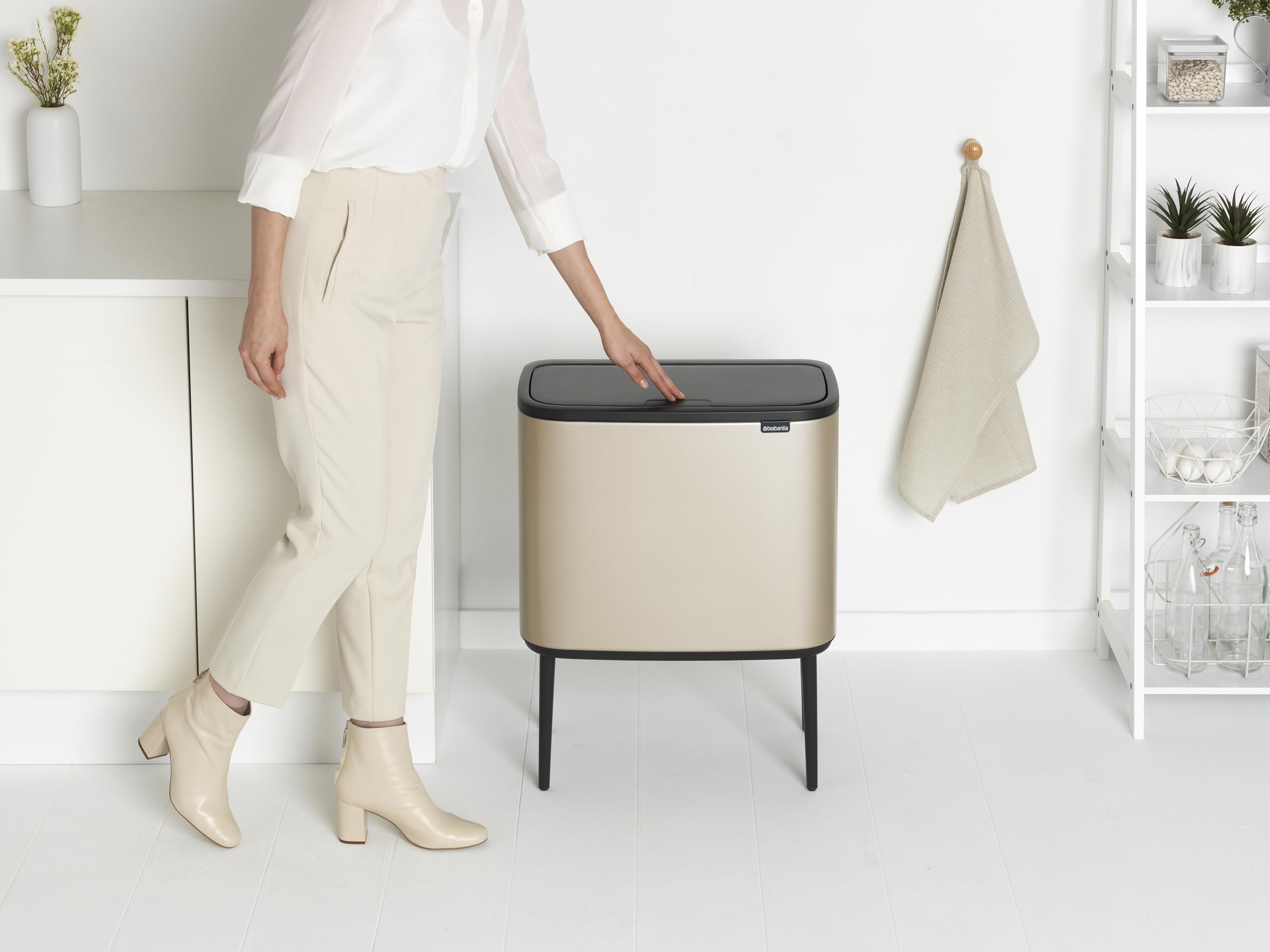 Brabantia Bo 9.5 Gallon Trash Can with Removable Inner Bucket - Metallic Gold Waste & Recycling Bin, Includes Free Bags - Perfect for Kitchen, Office & Bathroom Organization