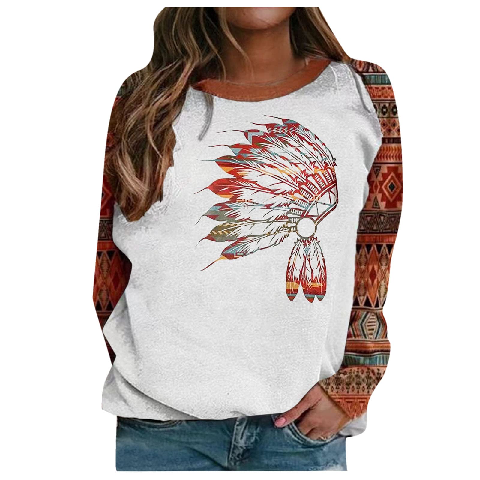 Brown Women's Printed Loose Sleeve T-Shirt - Round Neck Long Sleeve Thermal Tee for Women | Casual Wear, Layering, Everyday Comfort