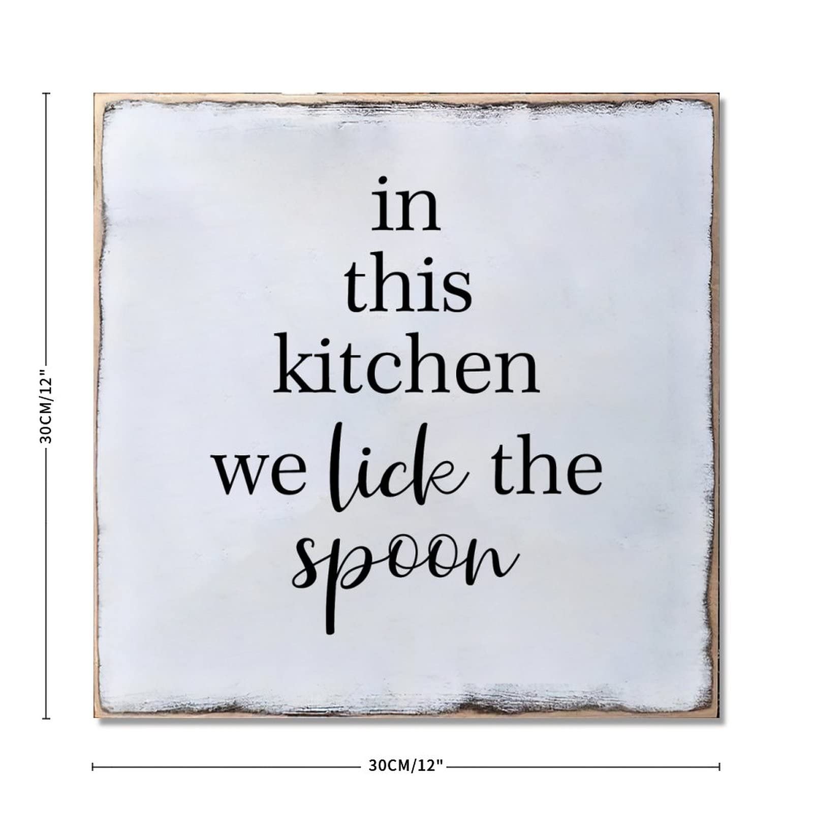 Rustic Wooden Wall Sign - Modern Farmhouse Hanging Decor with 'In This Kitchen We Lick the Spoon' Quote - 12x12 Inch Wood Plaque for Kitchen, Living Room, Bedroom - Perfect for Farmhouse Style Homes, Wedding Gifts & Cozy Home Decor