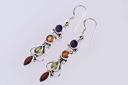Natural Garnet Peridot Citrine & Iolite Gemstone 925 Sterling Silver Handmade Dangle Earrings for Women - Elegant Bohemian Jewelry Gift for Birthday, Wedding & Party (MultiColor)