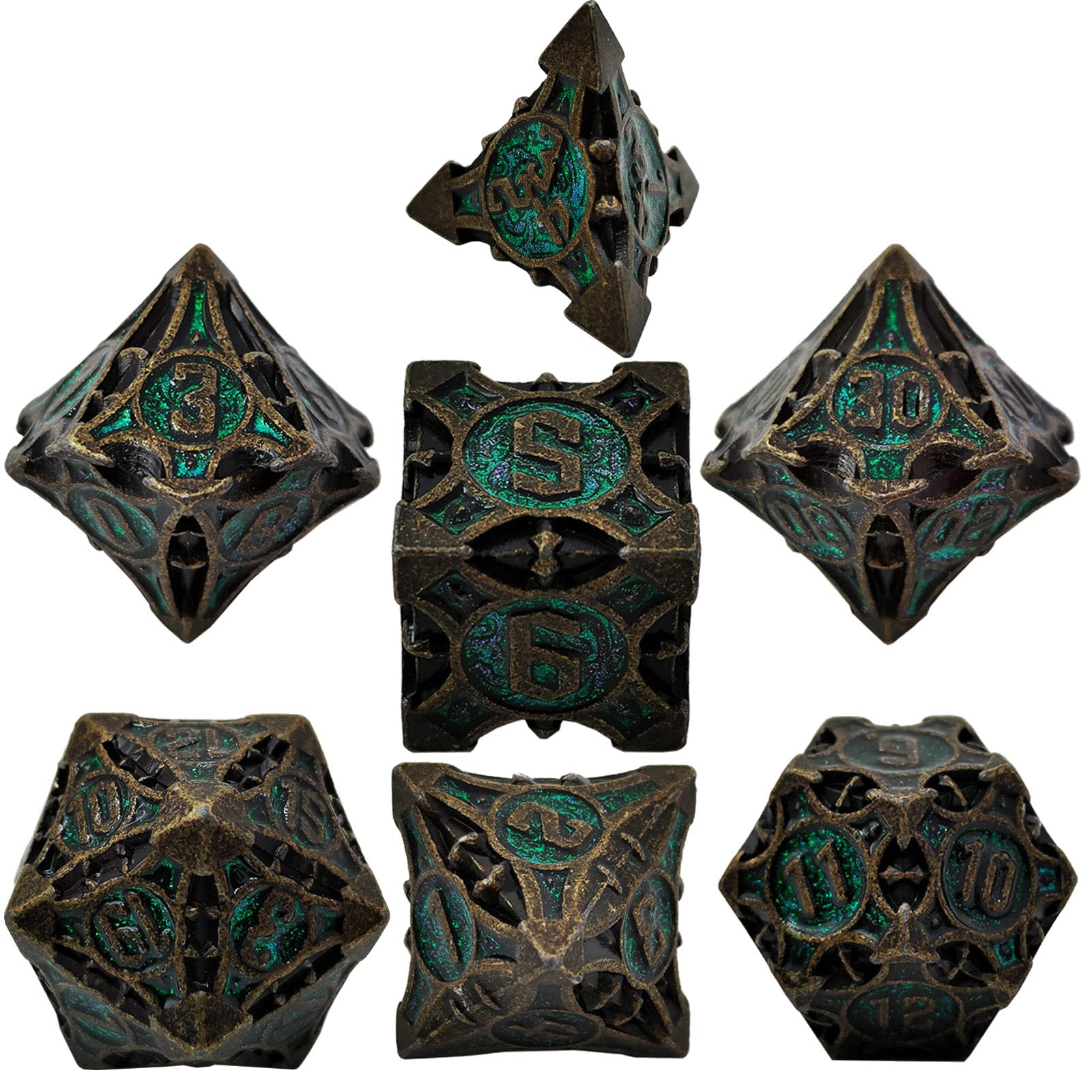 Premium Metal D&D Dice Set - 7-Piece Polyhedral RPG Dice for Dungeons & Dragons, MTG, Pathfinder (D4, D6, D8, D10, D12, D20) with PU Leather Dice Bag - Perfect for Tabletop Gaming, Role-Playing Adventures & Collector's Gifts (Rolling Green Style)