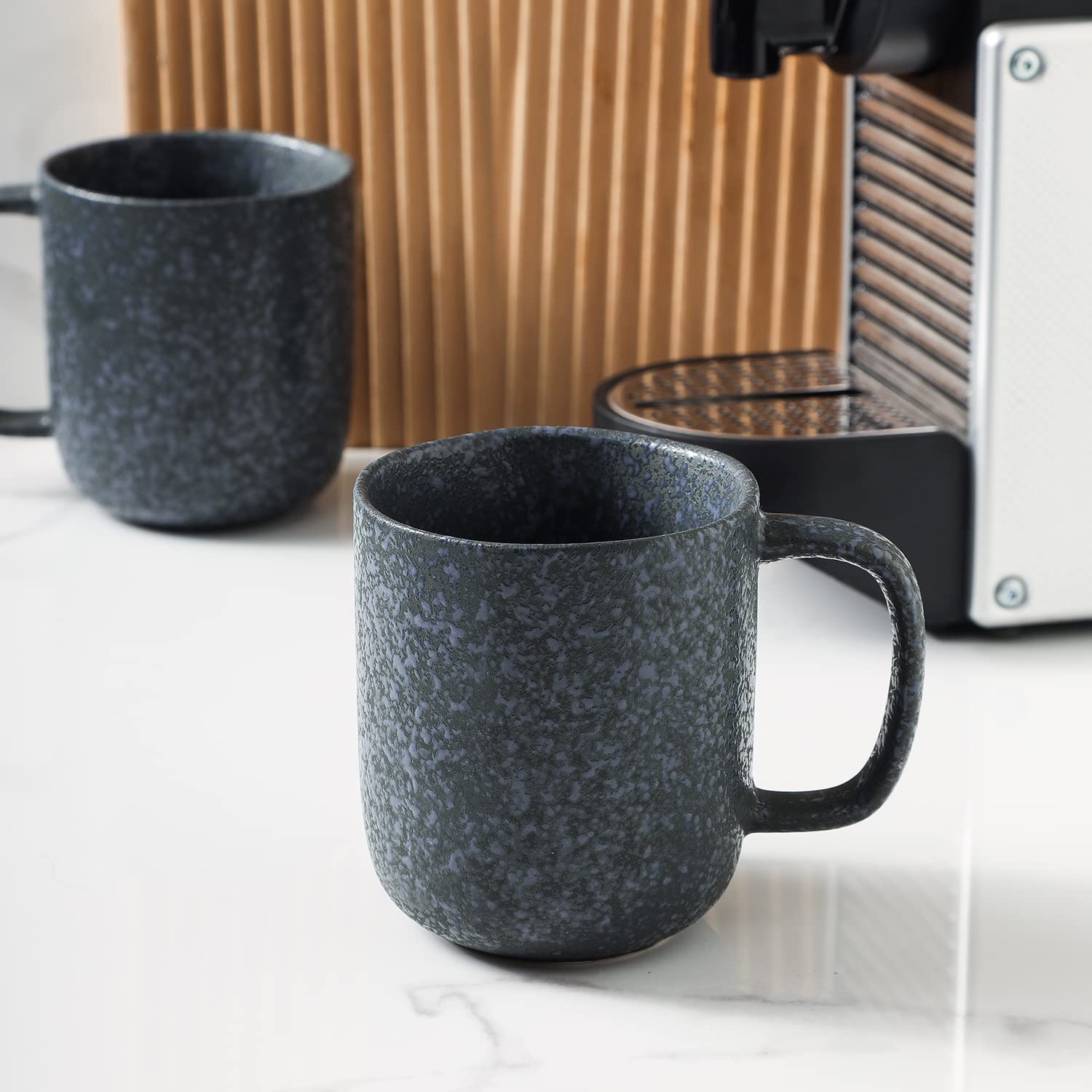 Premium Stone Lain Stoneware Dish Set - 4 Durable Coffee Mugs in Elegant Gray & Blue - Perfect for Home, Office & Restaurant Use