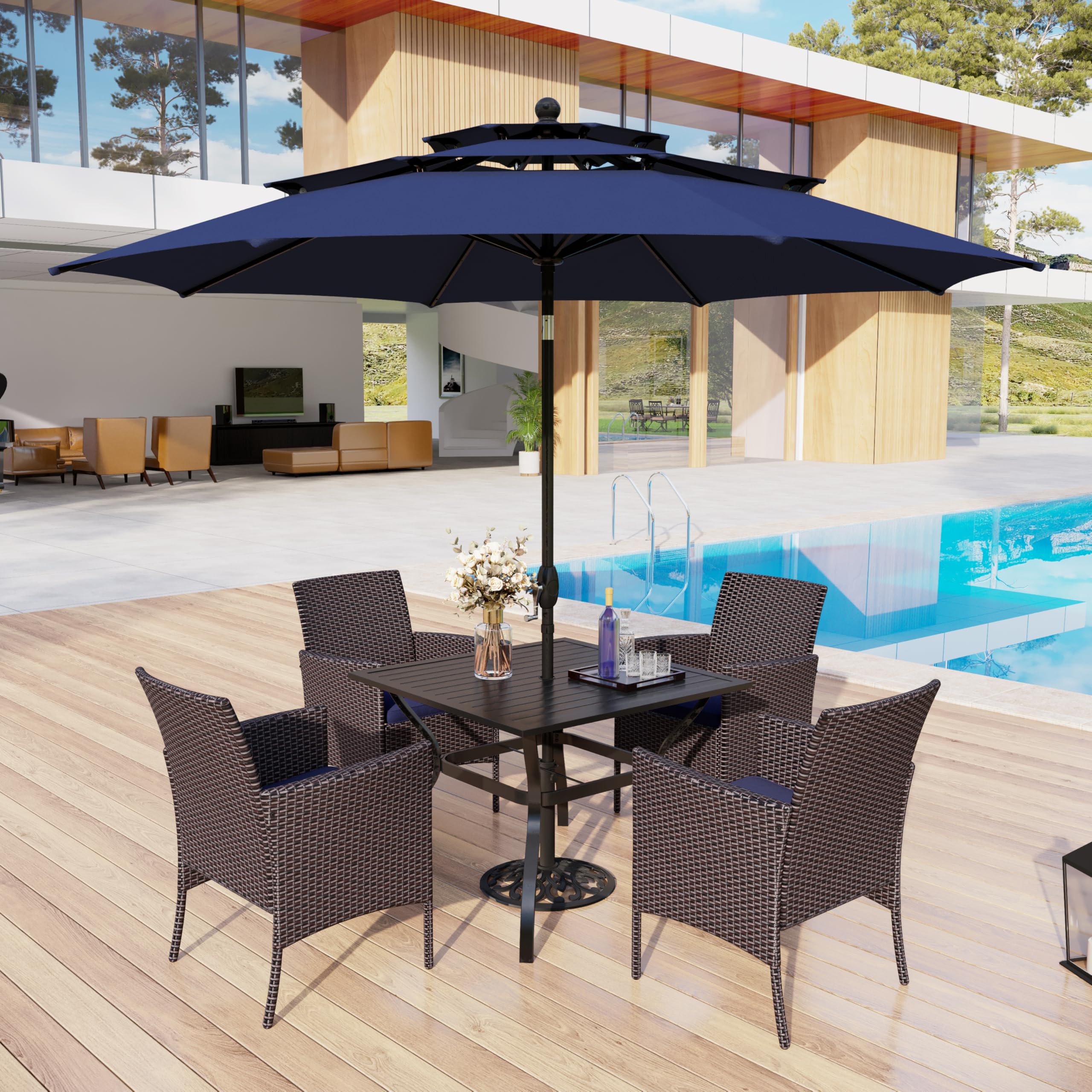 MFSTUDIO 4-Piece Brown Woven Rattan Outdoor Dining Chairs Set with Cushions - Oversized Wicker Patio Furniture for Backyard, Garden, Poolside - Heavy Duty 330lbs Capacity - Perfect for Outdoor Entertaining & Relaxation
