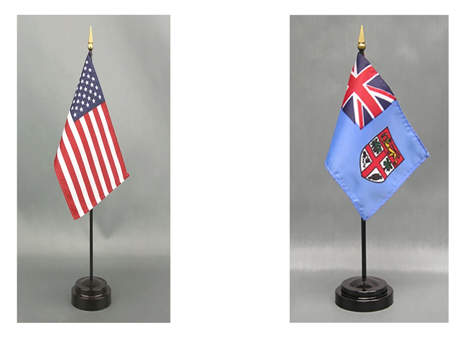 American Made 4x6 inch Fiji Desk Flag Set - Rayon Office Desk & Hand Waving Table Flags with 2 Stands (USA & Fiji Flags) - Perfect for Office Decor, International Events & Patriotic Displays