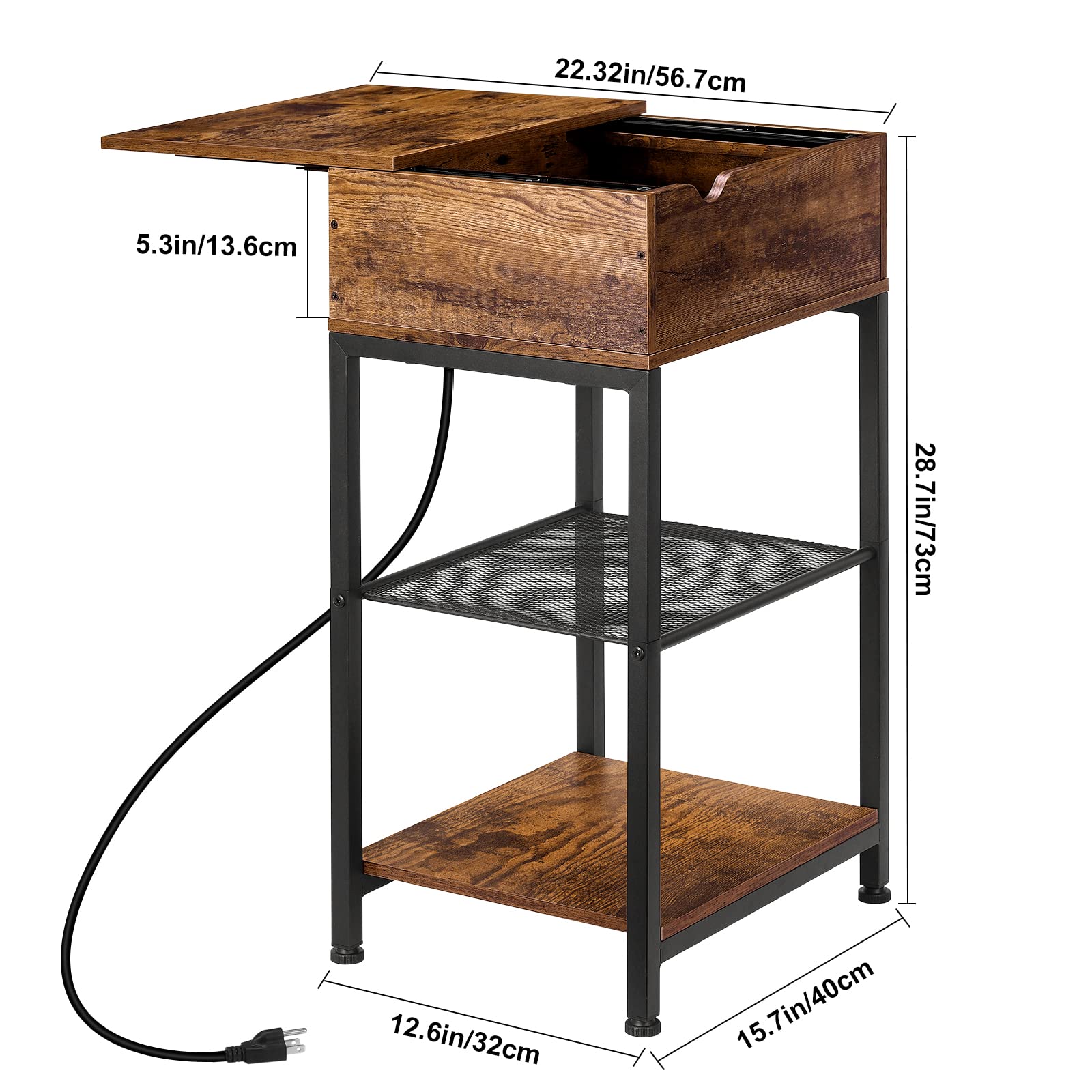 MOOACE Industrial Narrow Side Table with USB Charging Station, 2 Power Outlets & Storage Drawer - Rustic Brown Nightstand for Bedroom, Living Room | Perfect for Small Spaces, Phone Charging & Bedside Organization