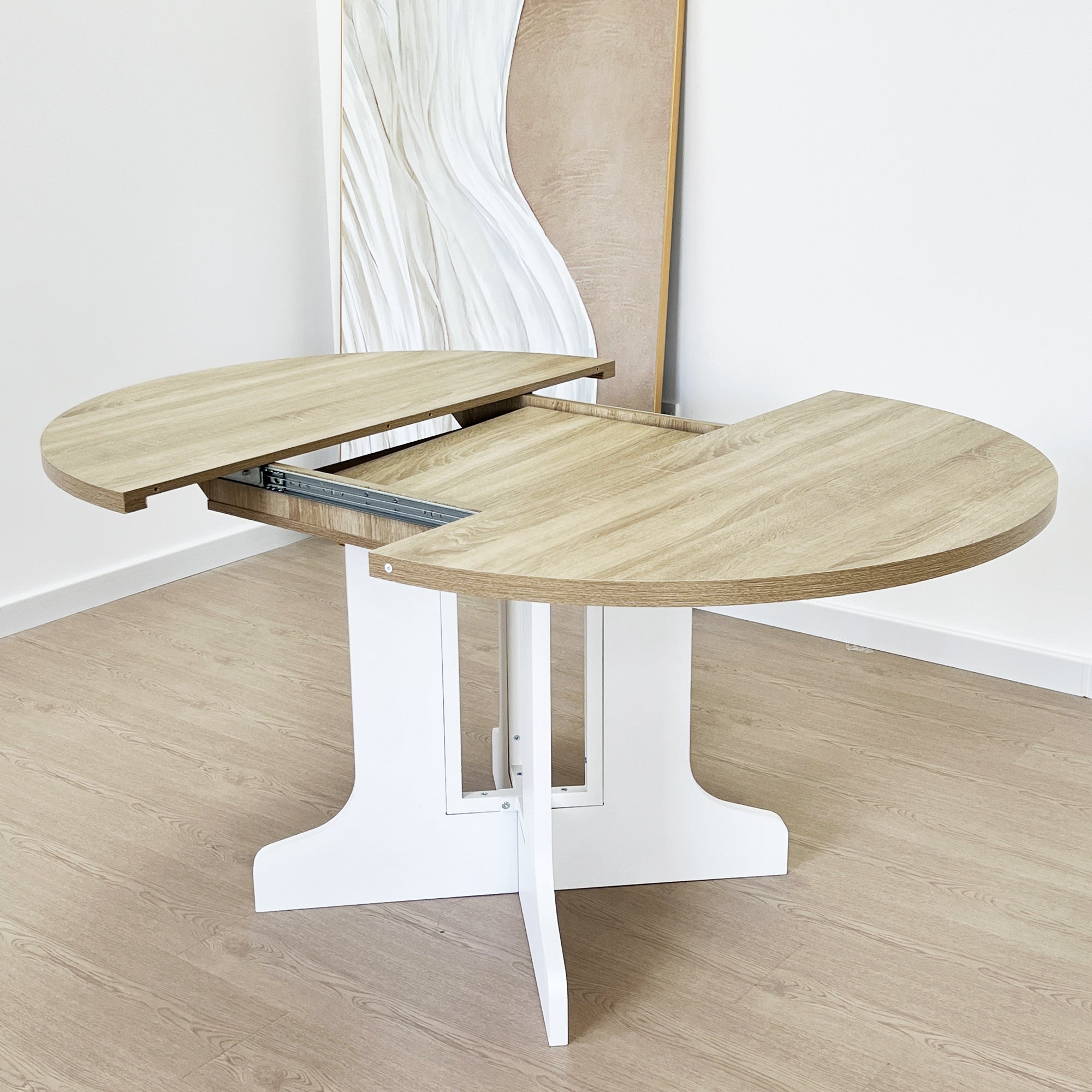 Expandable Farmhouse Dining Table 59x43 Inch Oval Table with Removable Leaf & X-Shaped Trestle Base - Perfect for Kitchen, Dining Room, and Rustic Home Decor (White)