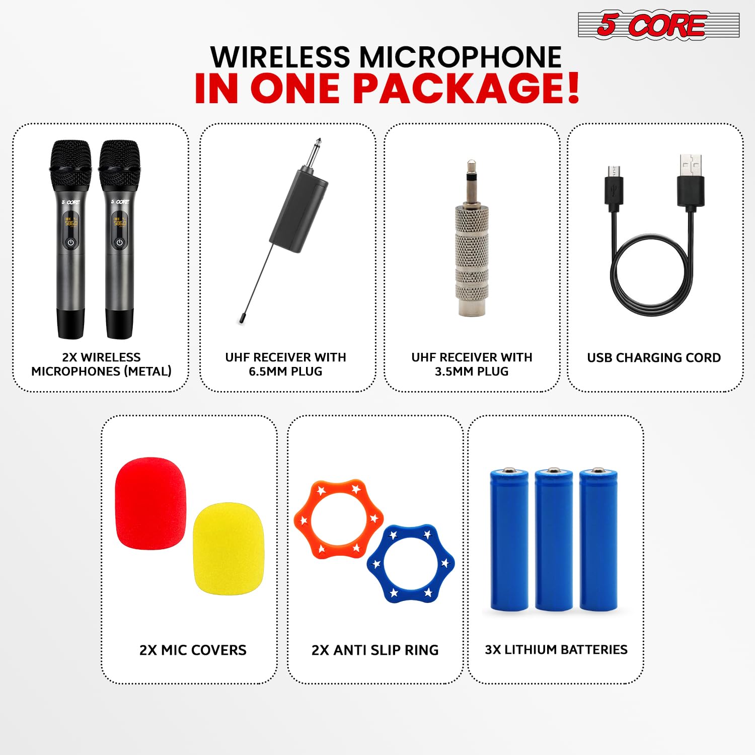 5-Core UHF Wireless Microphone System - 210ft Range, Dual Cardioid Handheld Mics with Mini Receiver | Rechargeable Cordless Karaoke Mic for Singing, Parties & Live Performances (WM UHF 02, Gray)