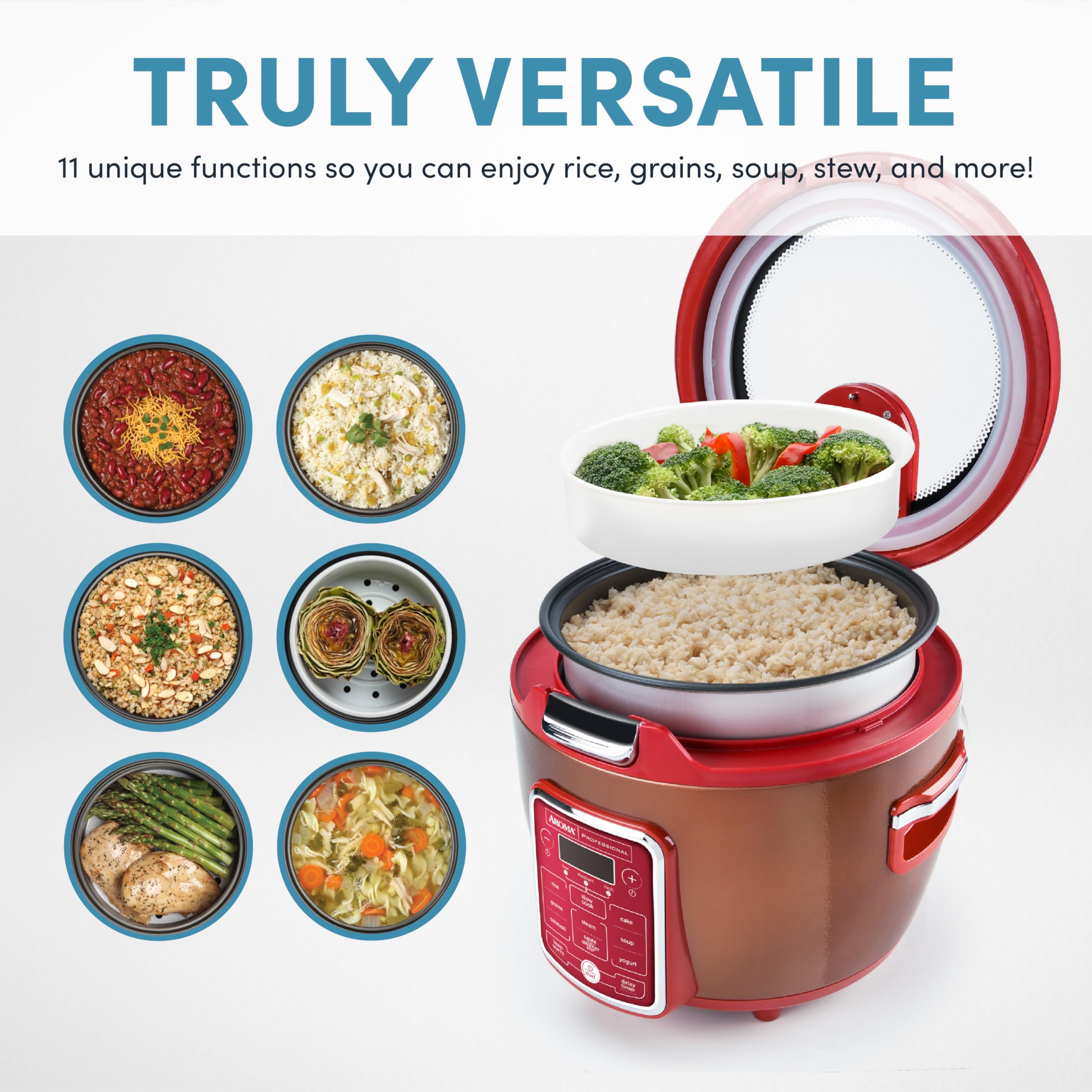 Aroma Professional ARC-1230R 20-Cup Cool-Touch Glass Lid Rice Cooker & Food Steamer - 11-in-1 Multicooker with Steam Tray, Measuring Cup & Rice Spatula - Perfect for Meal Prep, Slow Cooking & Family Dinners (Red)