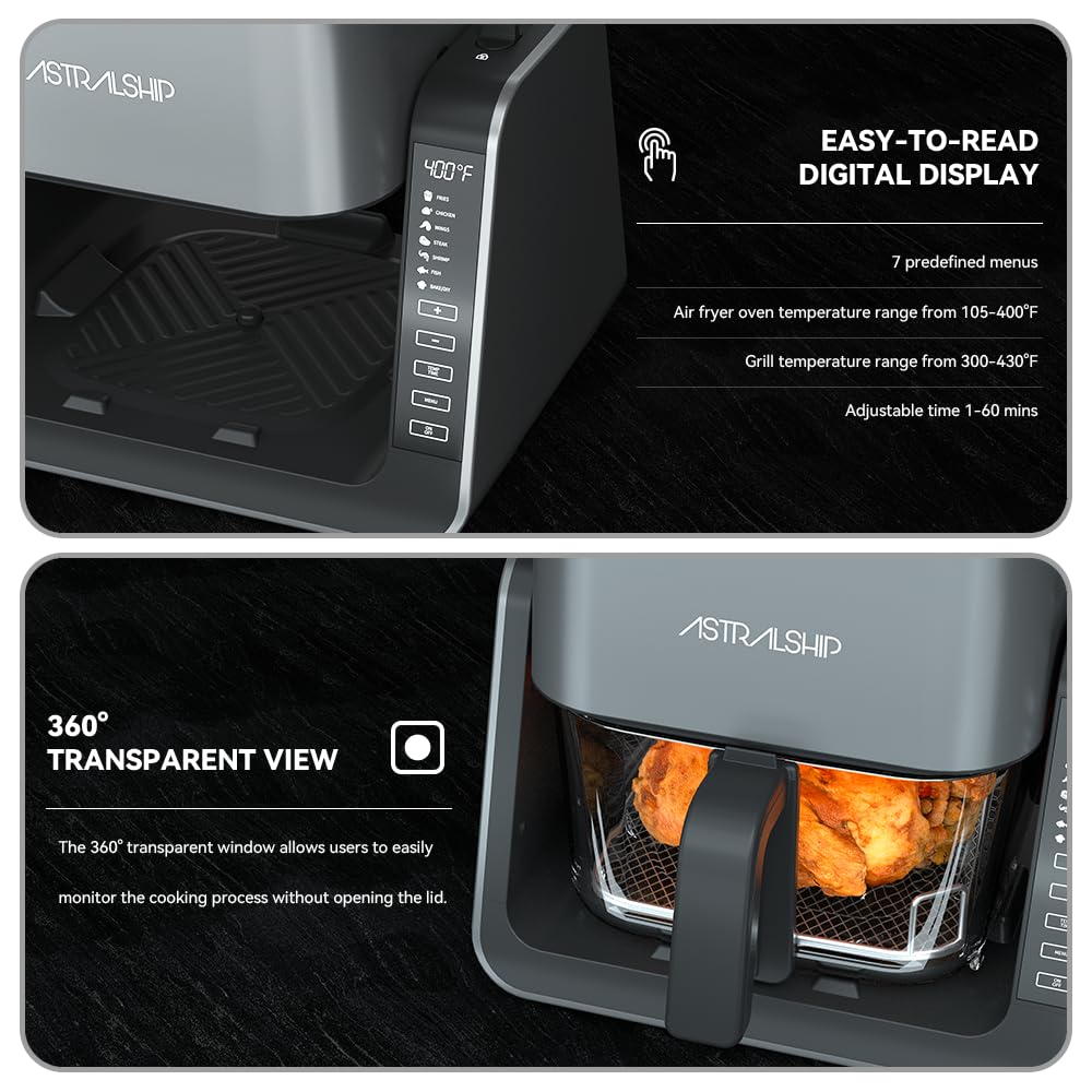 2-in-1 Glass Air Fryer & Grill Pan Combo - 7 Presets, 4.2QT+1.3QT Capacity, Non-Toxic & Non-Stick - Healthy Cooking for Frying, Griddle & Baking - Perfect for Family Meals, Party Snacks & Quick Healthy Dinners