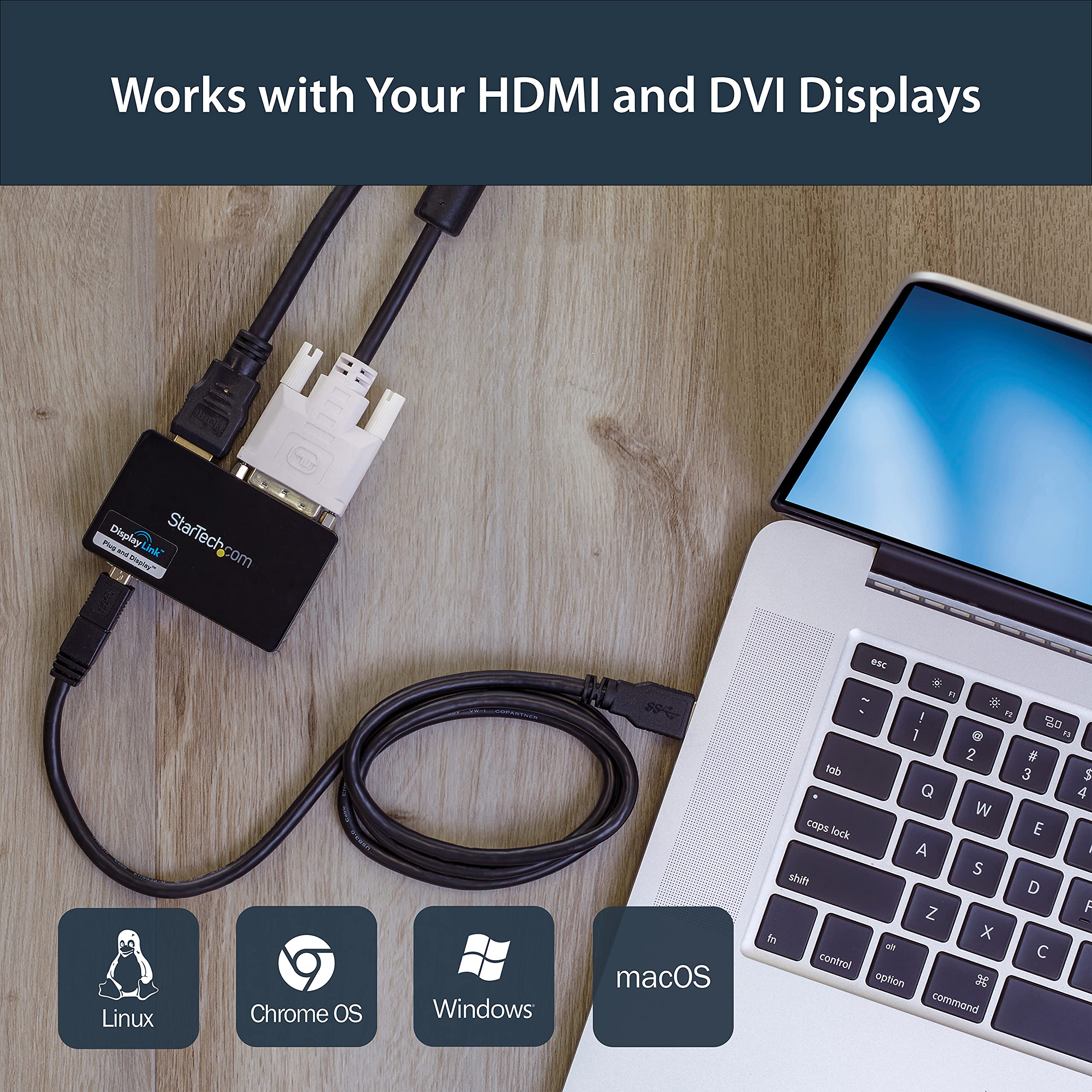 StarTech.com USB 3.0 to HDMI/DVI Adapter - 2048x1152 Resolution - External Video Graphics Card - Dual Monitor Display Cable - Compatible with Mac & Windows - TAA Compliant (USB32HDDVII) - Perfect for Home Office, Gaming & Multi-Screen Workstations