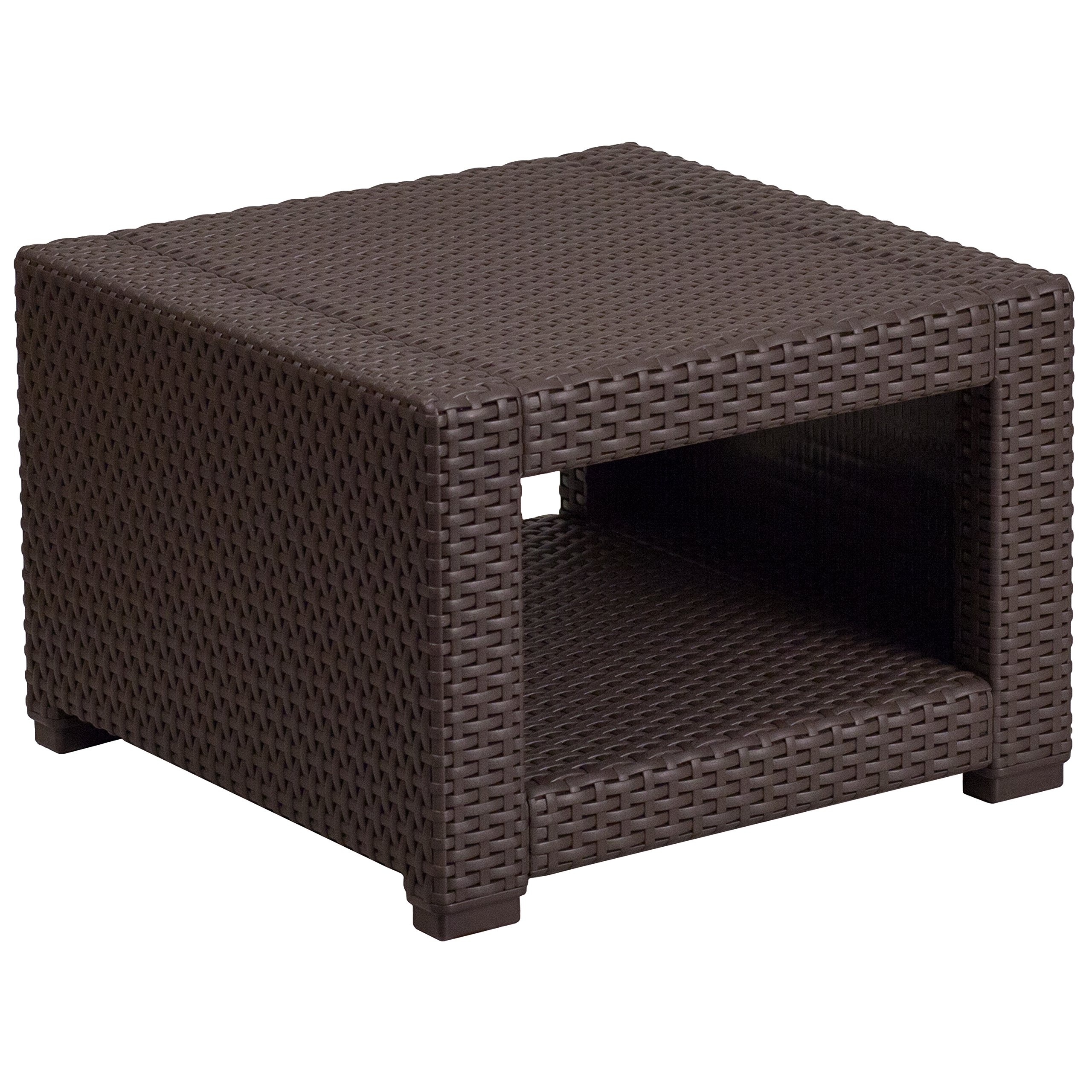 Merrick Lane Malmok Outdoor Side Table - All-Weather Chocolate Brown Faux Rattan Wicker Accent Table with Shelving - Perfect for Patio, Poolside & Garden Decor