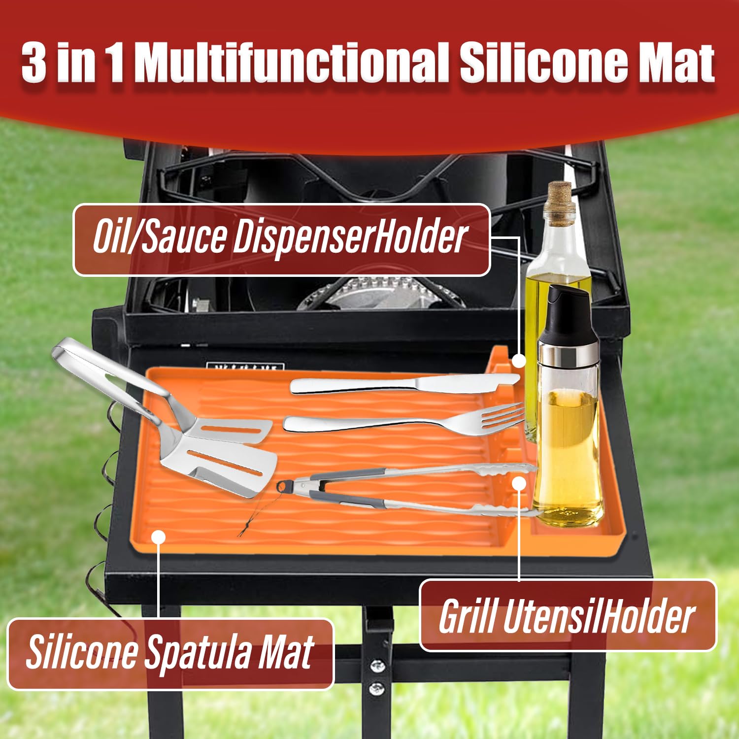 Non-Stick Silicone Griddle Mat for Blackstone Grill - Heat-Resistant BBQ Grill Accessories with Drip Pad - Perfect for Outdoor Cooking, Camping & Kitchen Countertop Use - Orange Spatula Mat for Easy Food Prep & Cleanup