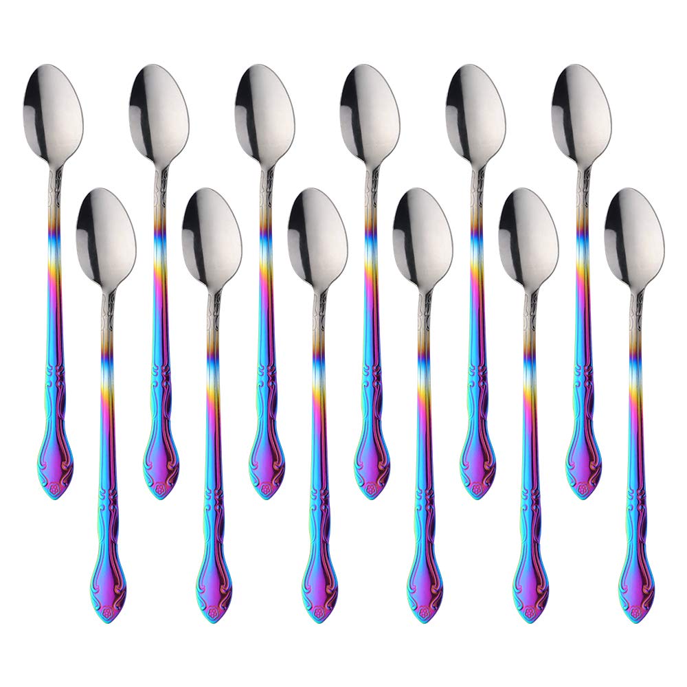 12-Piece Stainless Steel Iced Tea Spoon Set - Long Rainbow Gradient Spoons for Ice Cream, Desserts, Milkshakes & Beverages - Perfect for Parties, Cafes & Home Use
