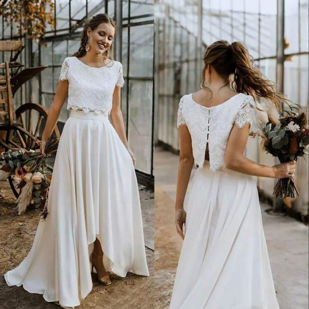 2-Piece Boho Wedding Dress Set - Lace Short Sleeve Elegant High-Low Beach Wedding Gowns for Bride, Outdoor Ceremony & Destination Weddings