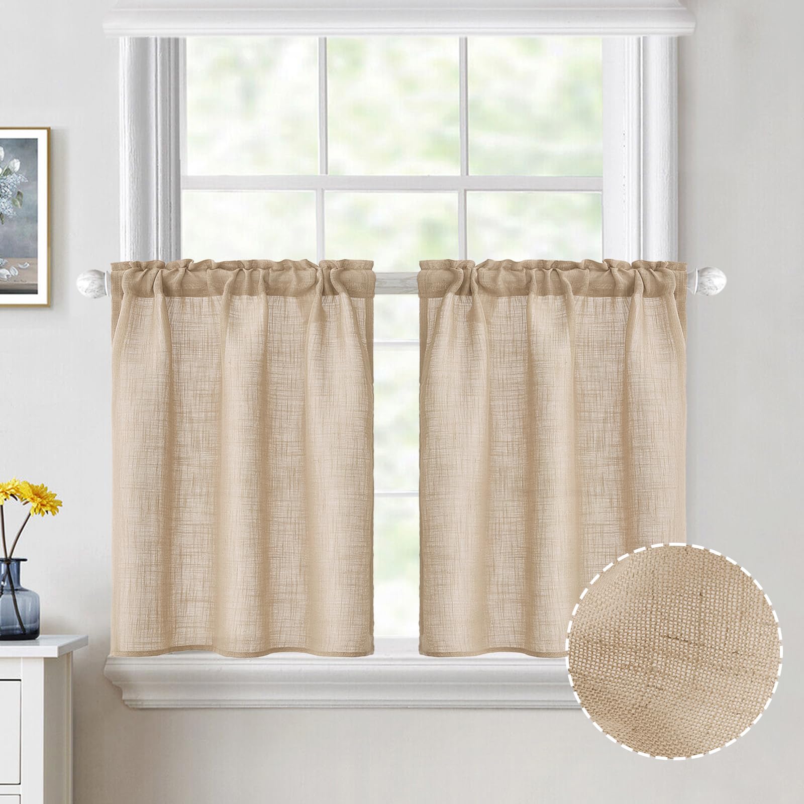 MIULEE 24 Inch Cafe Curtains - Farmhouse Style Semi-Sheer Linen Tier Curtains for Small Windows (2 Panels, W26