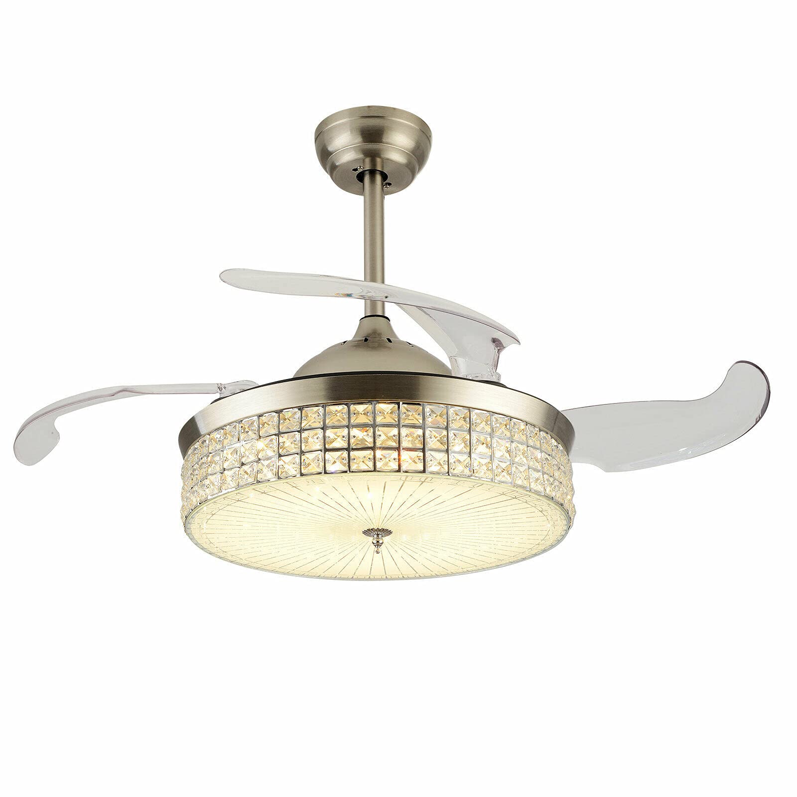 42 Inch Silver Ceiling Fan with Light - Remote Control, Dimmable, 3 Color Options, Crystal Chandelier Design - Perfect for Bedroom, Living Room, Dining Room, Office & Corridor Lighting