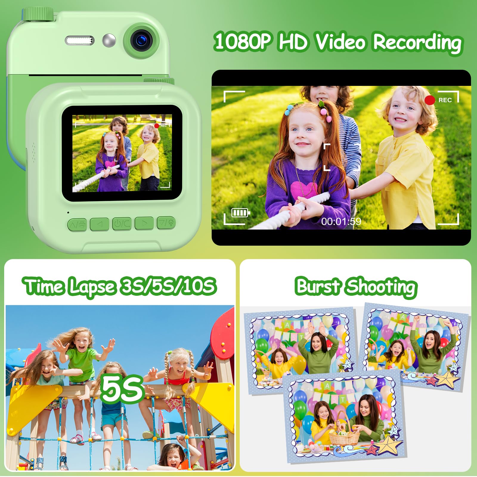GREENKINDER 1080P HD 2.4 Inch Kids Instant Digital Camera with 32GB Memory Card, Print & Draw Kit - Best Birthday Gift for Boys & Girls Ages 3-12 - Perfect for Parties, Travel & Creative Learning