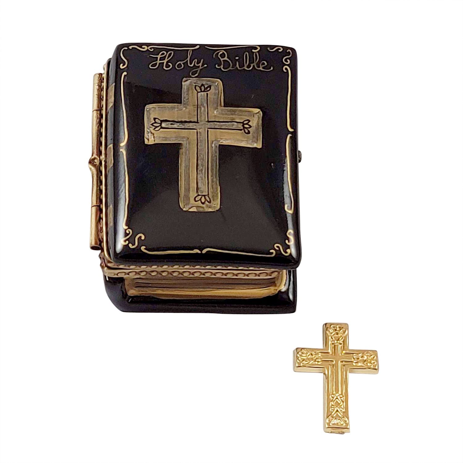 Rochard Black Bible with Removable Brass Cross Limoges Porcelain Box - Elegant Religious Keepsake for Home Altar, Wedding Gifts & Christian Decor