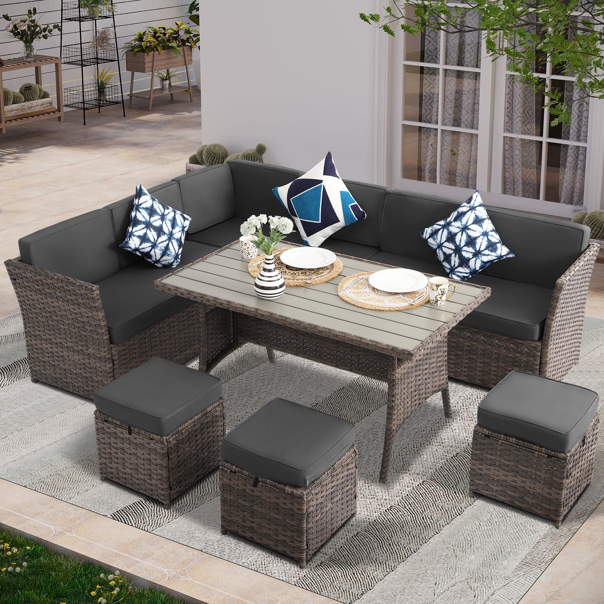 KIGOTY 7-Piece Outdoor Dining Set with Soft Cushions - Brown Rattan Patio Furniture for Deck, Backyard & Garden | Perfect for Outdoor Entertaining & Relaxation