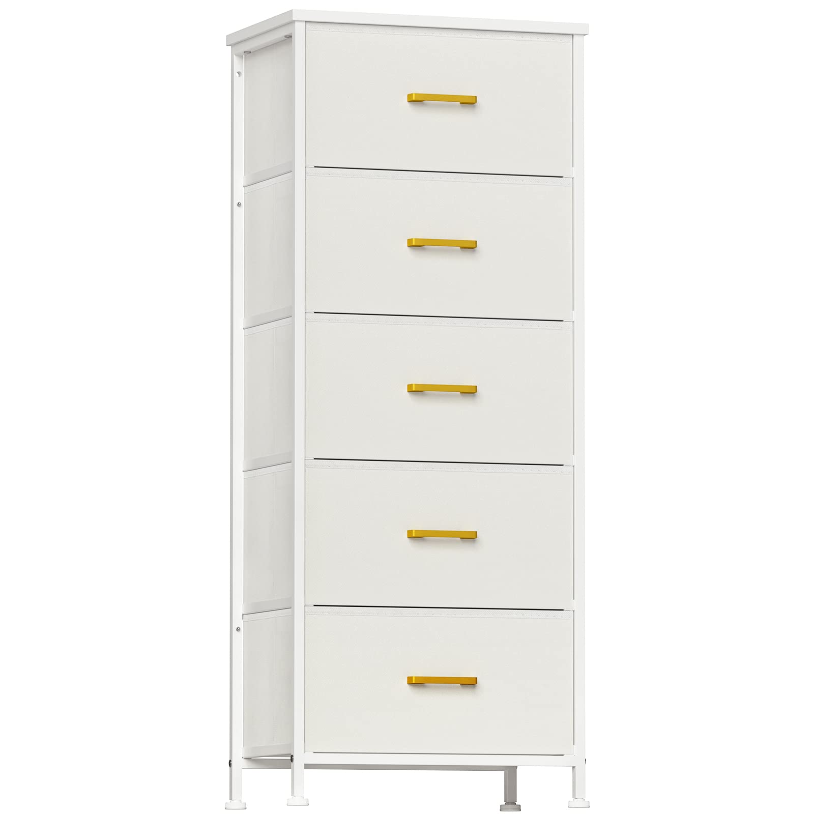 5-Drawer White Dresser for Bedroom - Tall Storage Tower with Sturdy Steel Frame & Wood Top | Fabric Bins & Leather Finish | Perfect for Closet, Living Room & Nursery Organization (Glacier White) | Space-Saving Home Furniture Solution