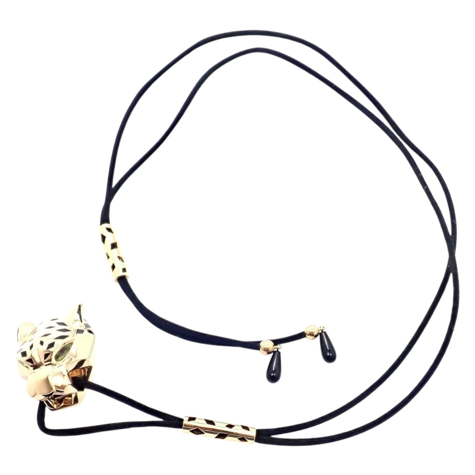 Authentic Cartier Panther Panthere 18k Yellow Gold Peridot Lacquer Cord Necklace for Women - Luxury Jewelry Gift for Birthday, Anniversary & Special Occasions