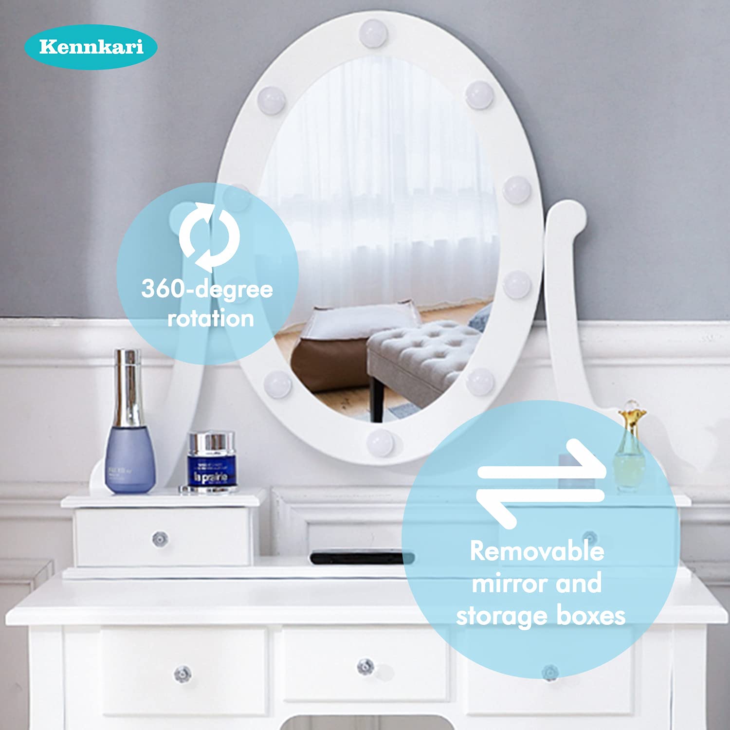 White Makeup Vanity Desk and Stool Set with LED Mirror - Small Dressing Table for Bedroom, Perfect for Beauty Routine & Makeup Application