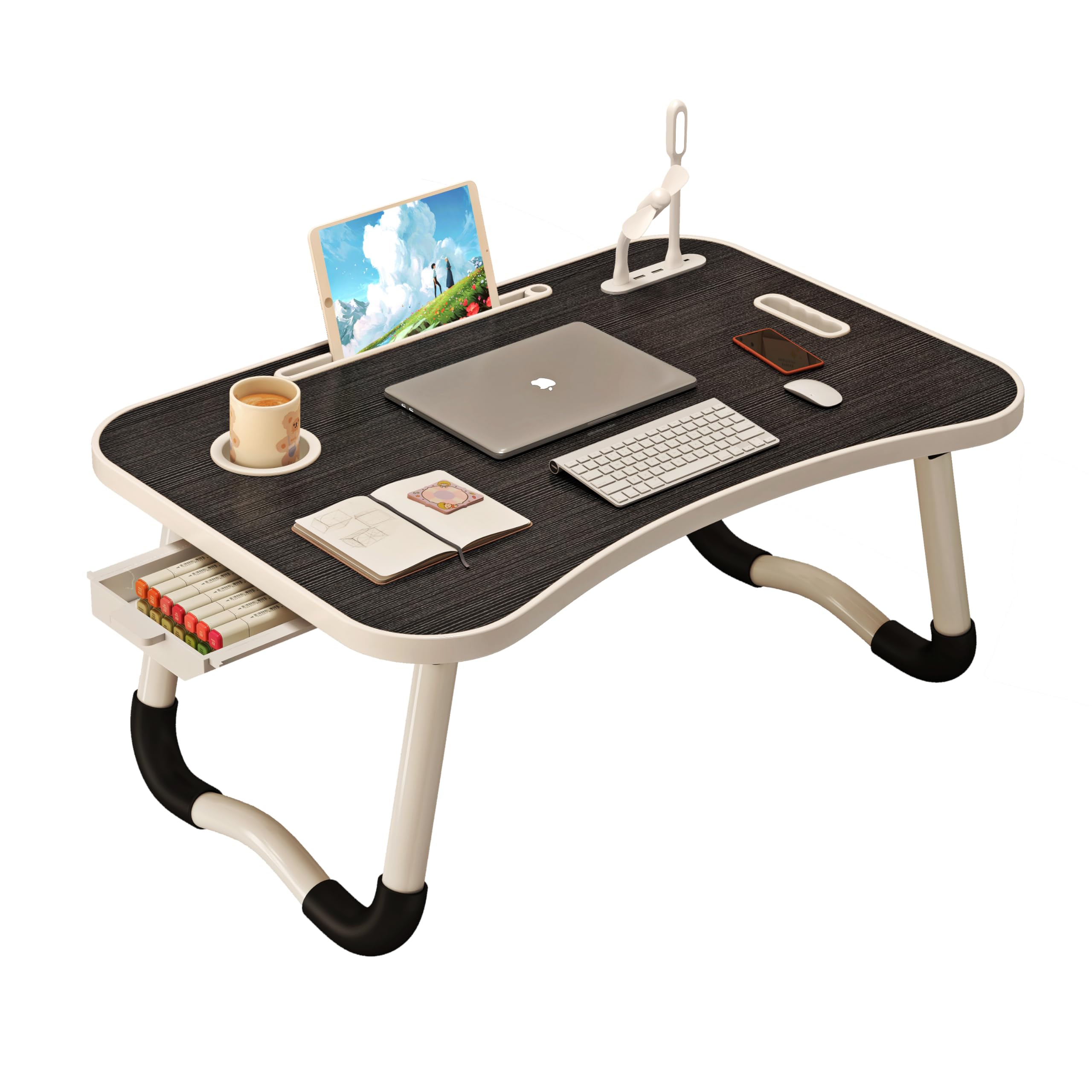 UNICOO® Foldable Laptop Stand with USB Charging Port | Adjustable Ergonomic Laptop Desk for Home Office, Bed & Sofa | Portable Lap Desk with Cup Holder, Tablet Slot & Storage Drawer | Perfect for Remote Work, Gaming & Studying (Ebony Black)