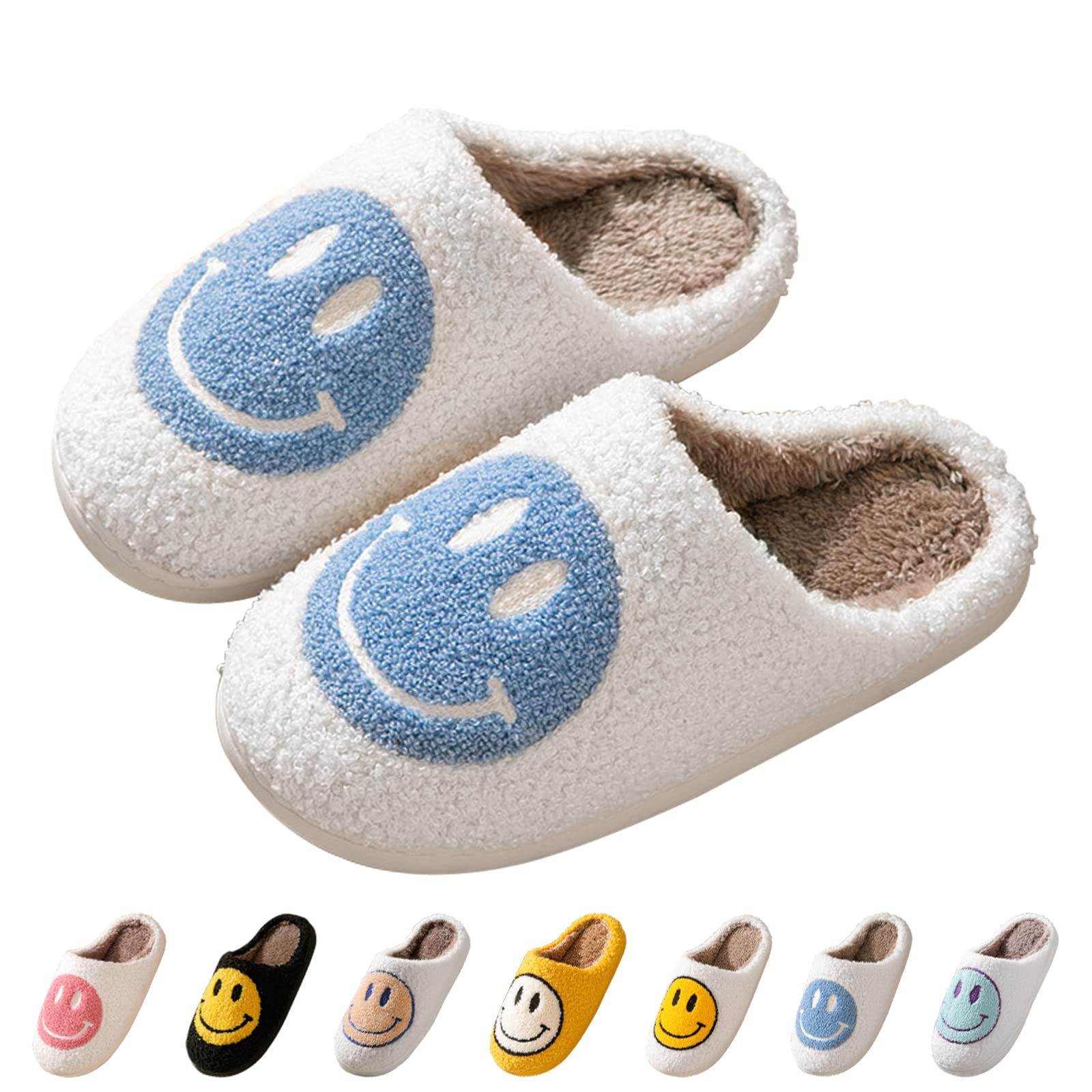 Women's Smile Face Slippers - Soft Plush Retro Preppy Happy Face Slip-On Slippers for Indoor & Outdoor Use | Cozy House Shoes for Lounge, Dorm, Beach & Casual Wear