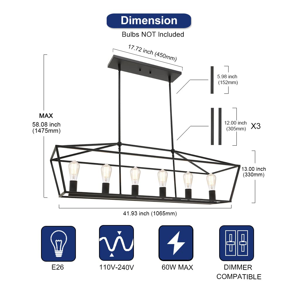 6-Light Black Kitchen Island Pendant Lighting Fixture - Modern Dining Room Chandelier for Living Room, Pool Table & Bar Counter - Perfect for Home Kitchen, Restaurant & Cafe Lighting Decor