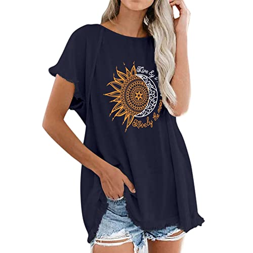 Tall Women's Summer Short Sleeve Crew Neck Floral Printed T-Shirt - Loose Comfortable Casual Blouse for Women (Navy, Medium) | Perfect for Outdoor Activities, Travel & Everyday Wear