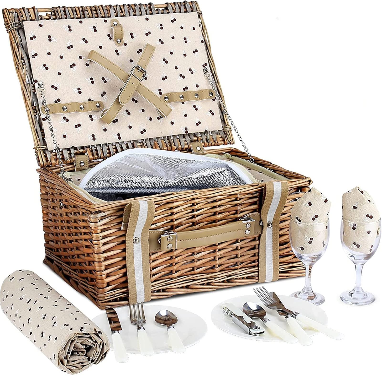 Willow Picnic Basket Set for 4 Persons - Large Insulated Cooler Bag & Waterproof Picnic Blanket - Wicker Picnic Hamper for Camping, Outdoor, Valentine's Day, Christmas, Thanksgiving, Birthday - Perfect for Family Outings, Beach Trips and Romantic Picnics