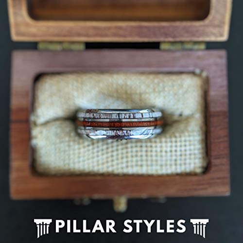 Handmade Hawaiian Koa Wood & Deer Antler Inlay Tungsten Wedding Band for Men - 8mm Polished Silver Comfort Fit Ring - Unique Rustic Hunting Jewelry Gift for Husband, Boyfriend, Groomsmen - Perfect for Outdoor Weddings, Anniversary Gifts & Nature Lovers