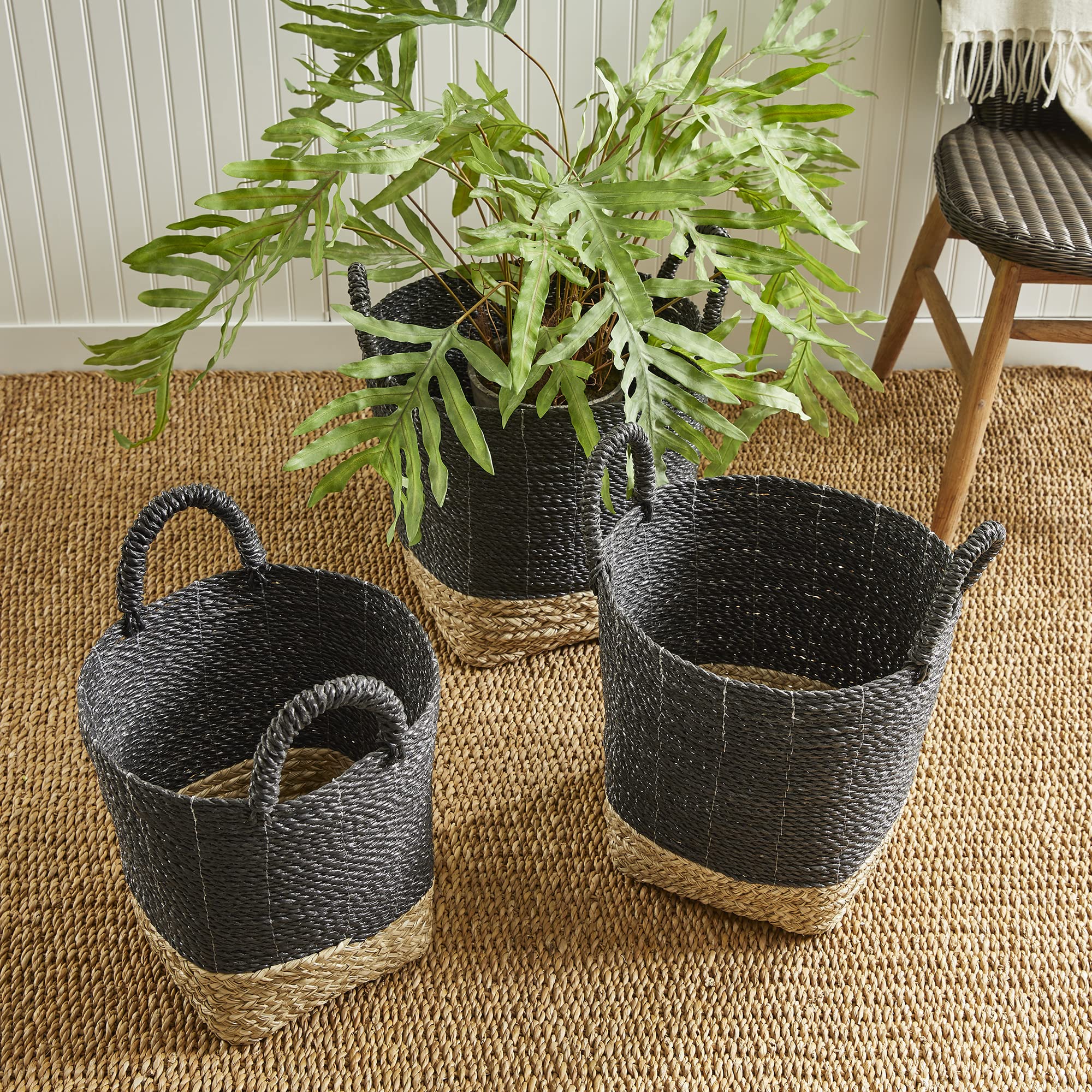 Napa Home & Garden Madura Market Baskets - Set of 3 (Black/Natural) - Stylish Storage for Farmers Market, Picnics & Home Decor