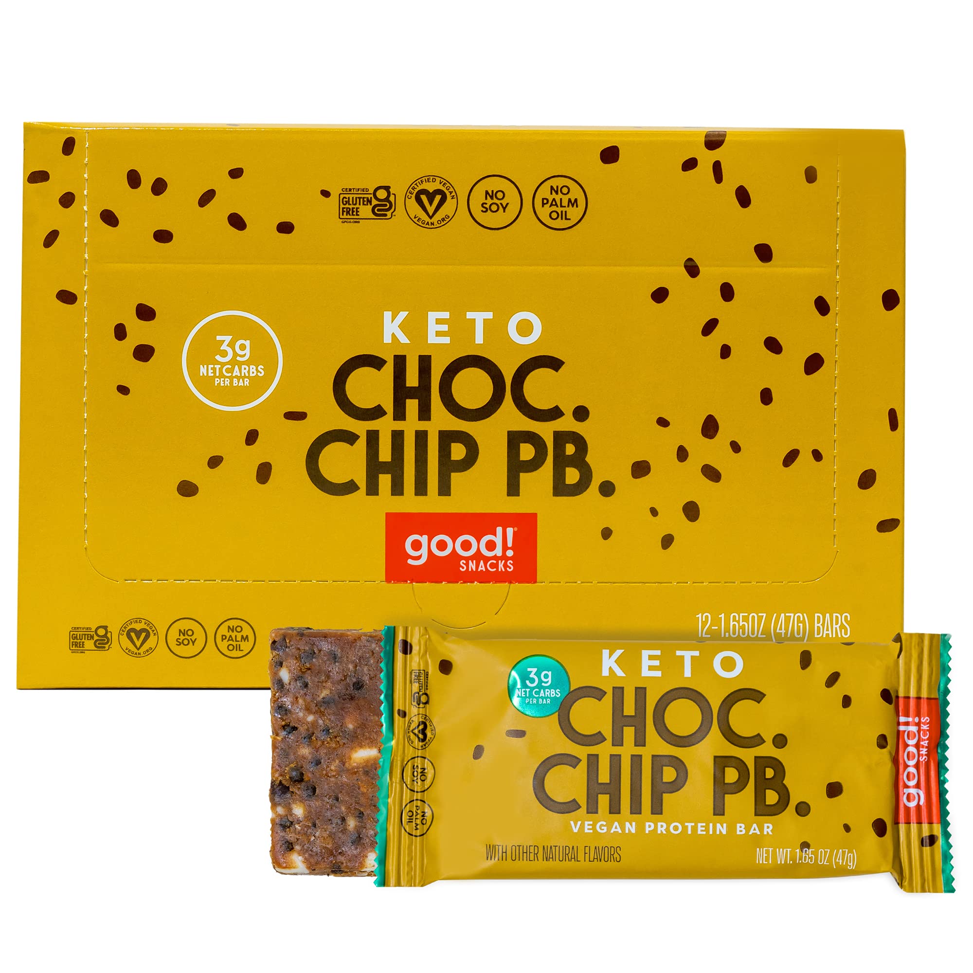Keto Vegan Protein Bars - Chocolate Chip Peanut Butter, Gluten Free Low Carb Snack (12 Bars) | High Protein (11g), Low Sugar (3g Net Carbs) Meal Replacement for Weight Loss & Fitness | Perfect for On-the-Go, Workout Recovery & Healthy Snacking
