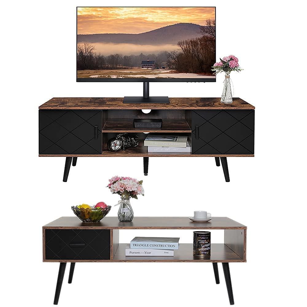 Mid-Century Modern Coffee Table & TV Stand Set with 2 Storage Cabinets, 1 Drawer and Open Shelf - Living Room Furniture for Sofa, Cocktail & Office Use - Perfect for Small Spaces & Home Entertainment Setup