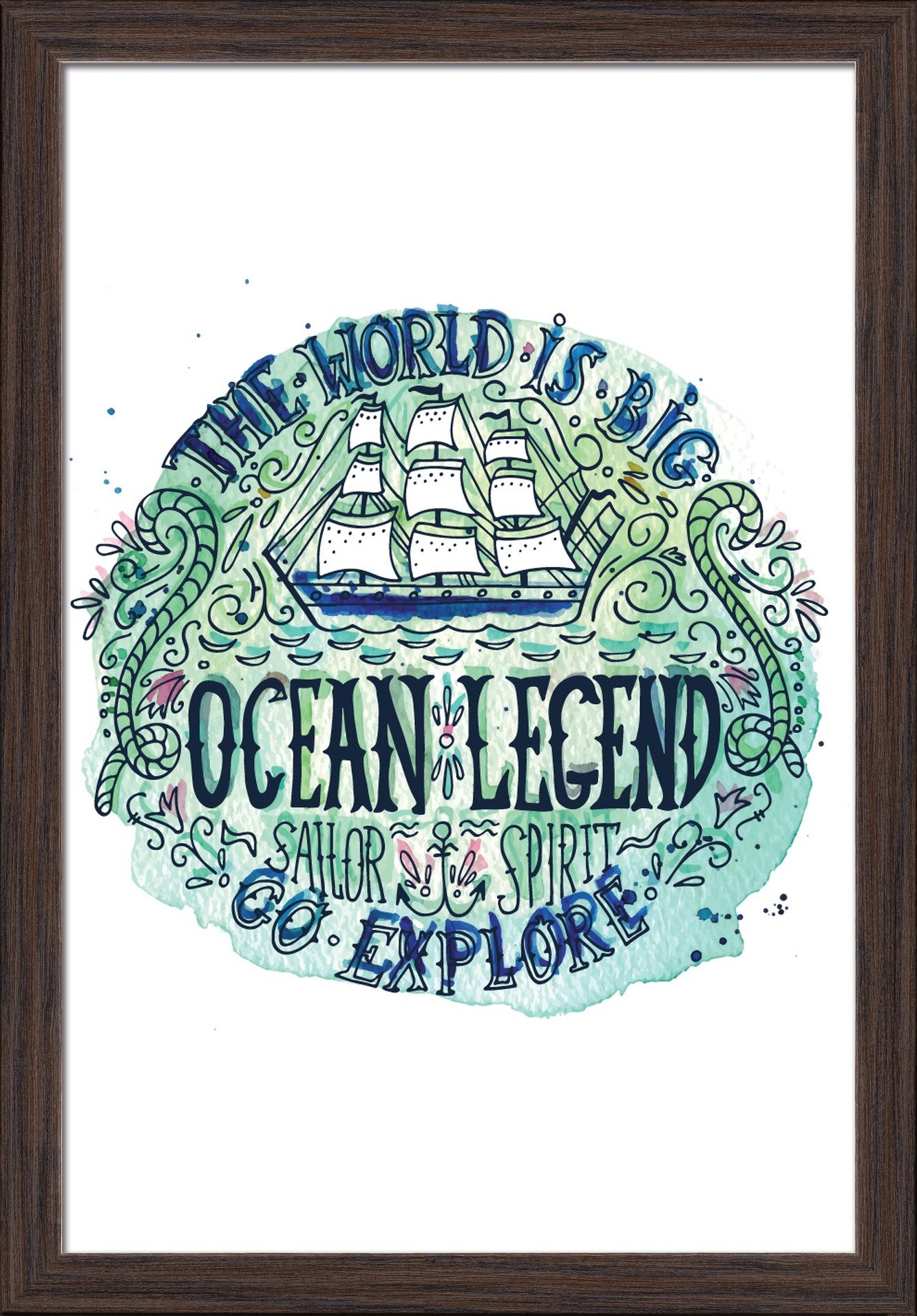 Watercolor Ship Painting - Ocean Legend Nautical Artwork - 16x24 Inch Giclee Fine Art Print with Recycled Wood Frame in Espresso Brown - Perfect for Beach House Decor, Coastal Living Room Wall Art, or Sailor Gift